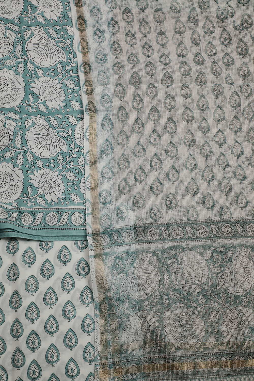 Cream Floral on Green Mul Cotton Suit - Image 3