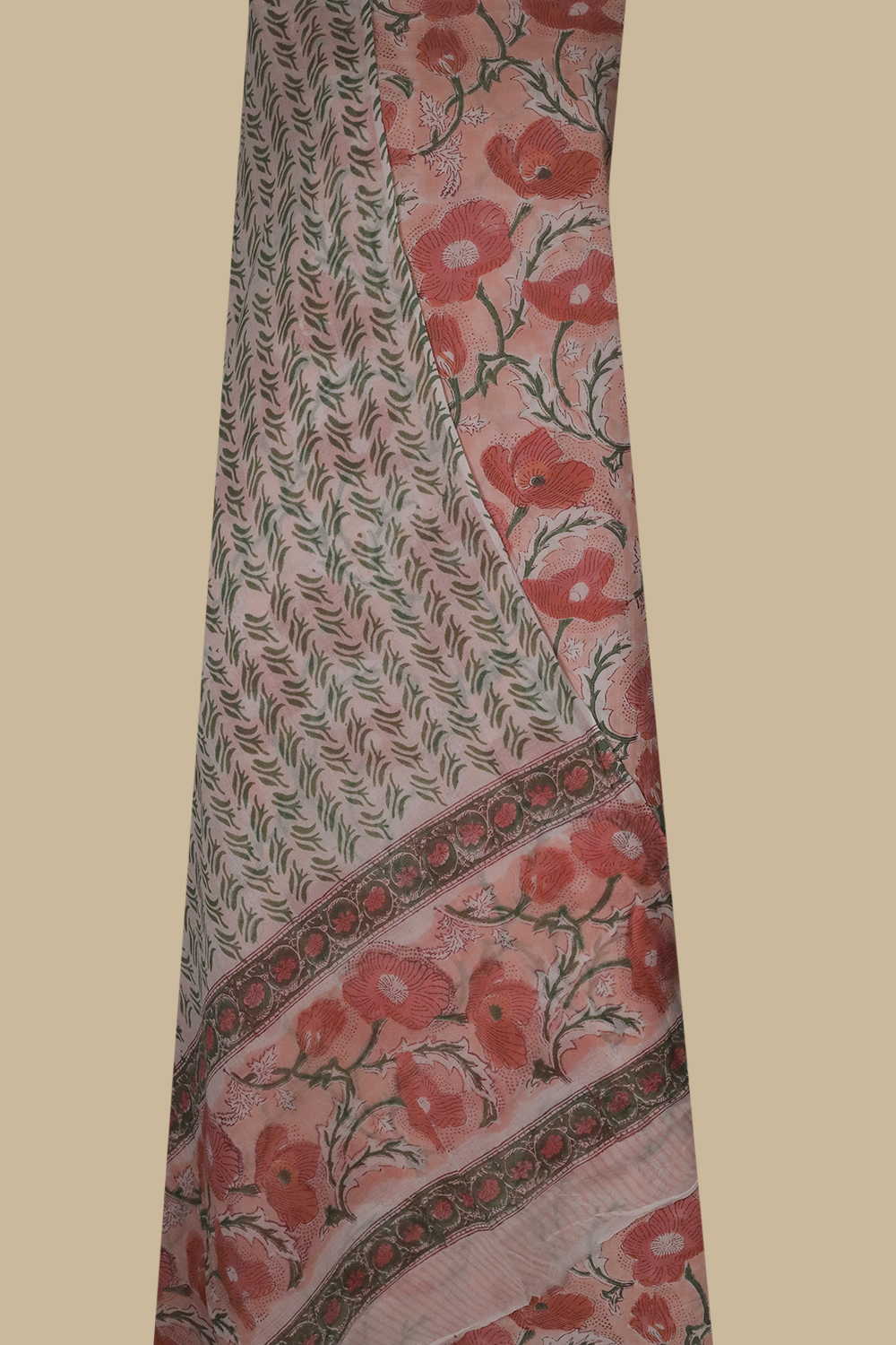 Peach with Floral Block Printed Mul Cotton Suit - Image 2