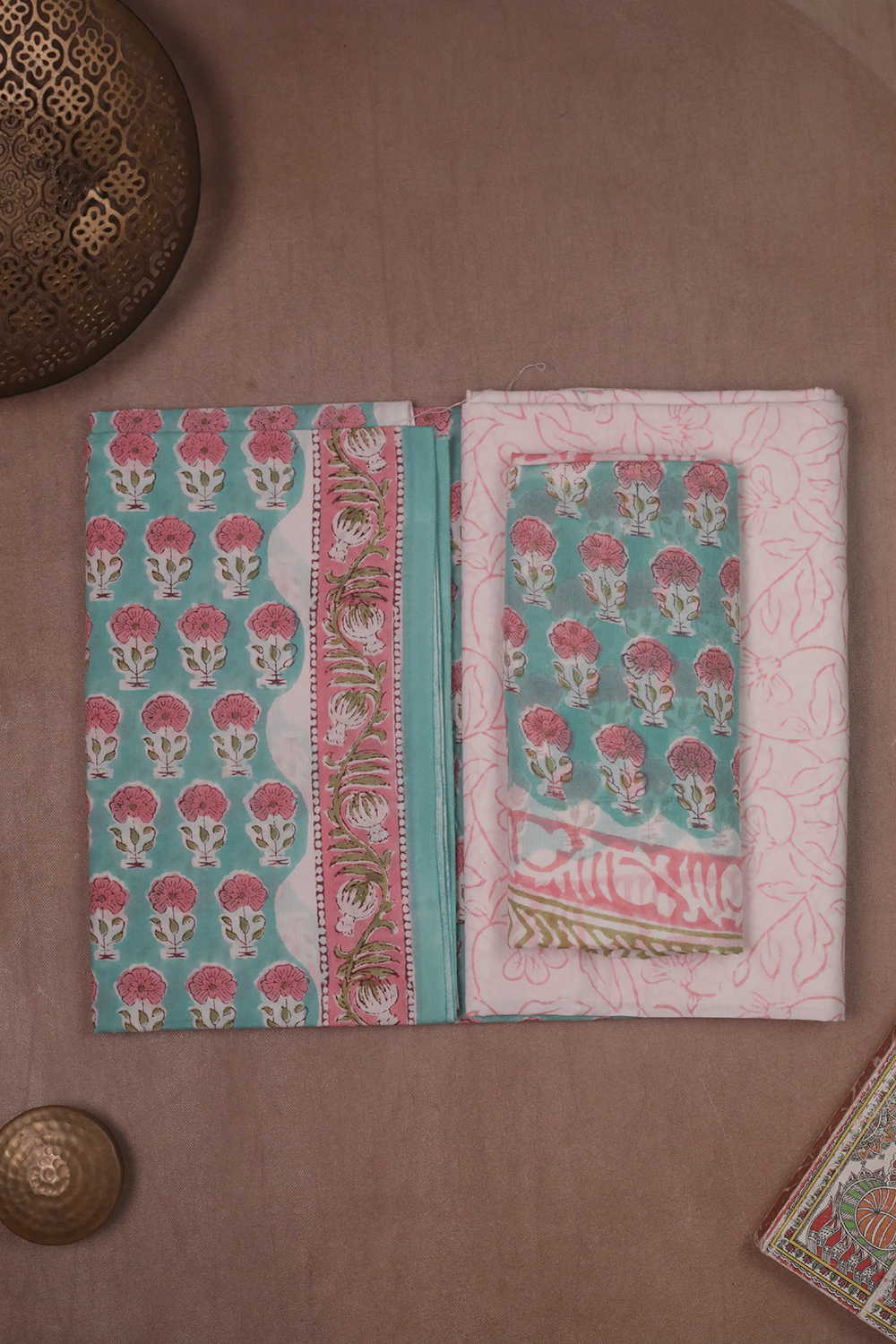 Pink Blossoms - Green Block Printed Mul Cotton Suit