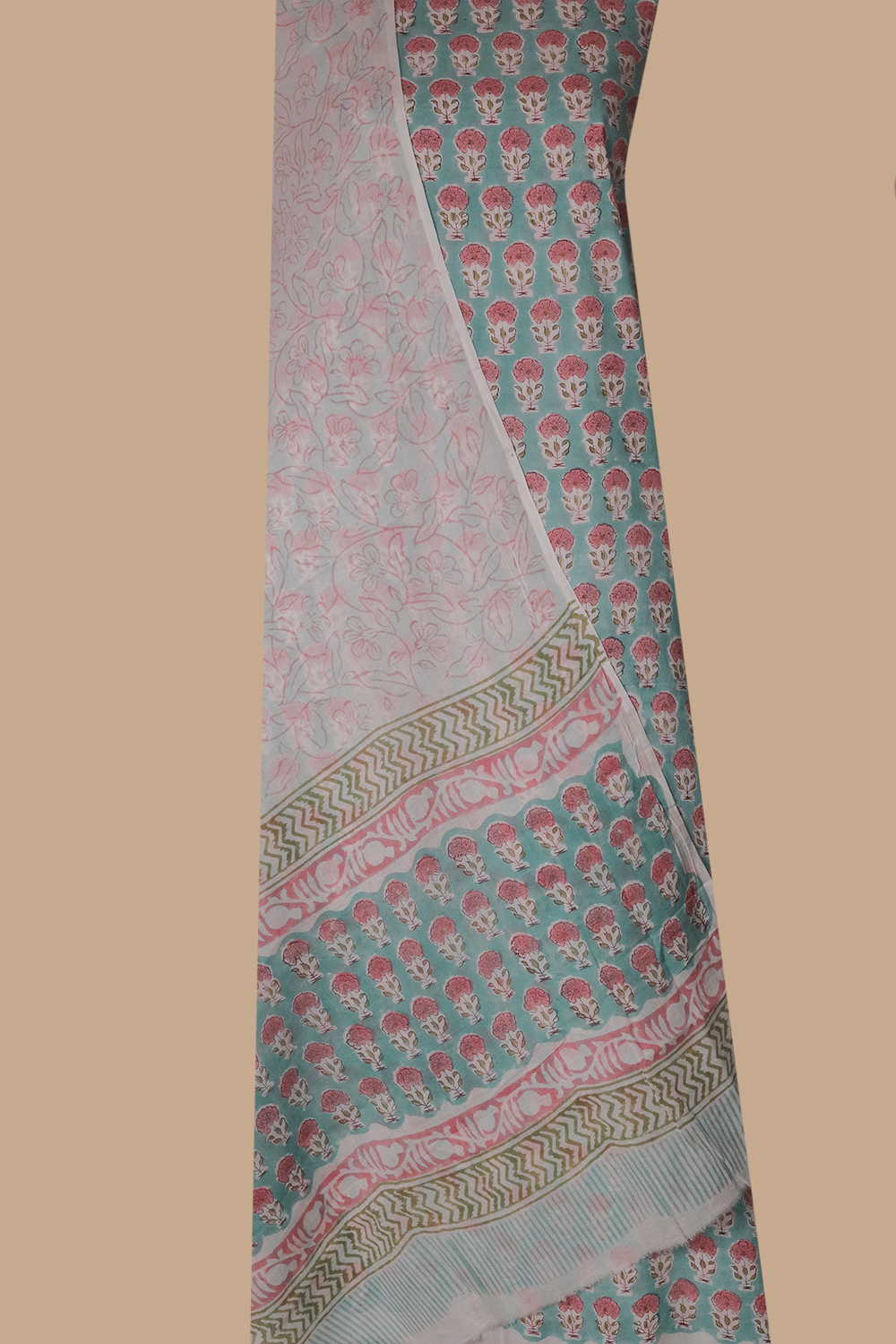 Pink Blossoms - Green Block Printed Mul Cotton Suit - Image 2