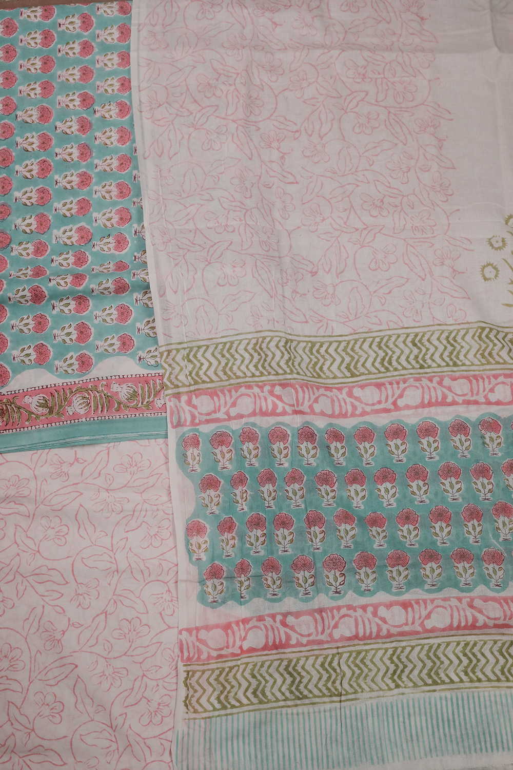 Pink Blossoms - Green Block Printed Mul Cotton Suit - Image 3