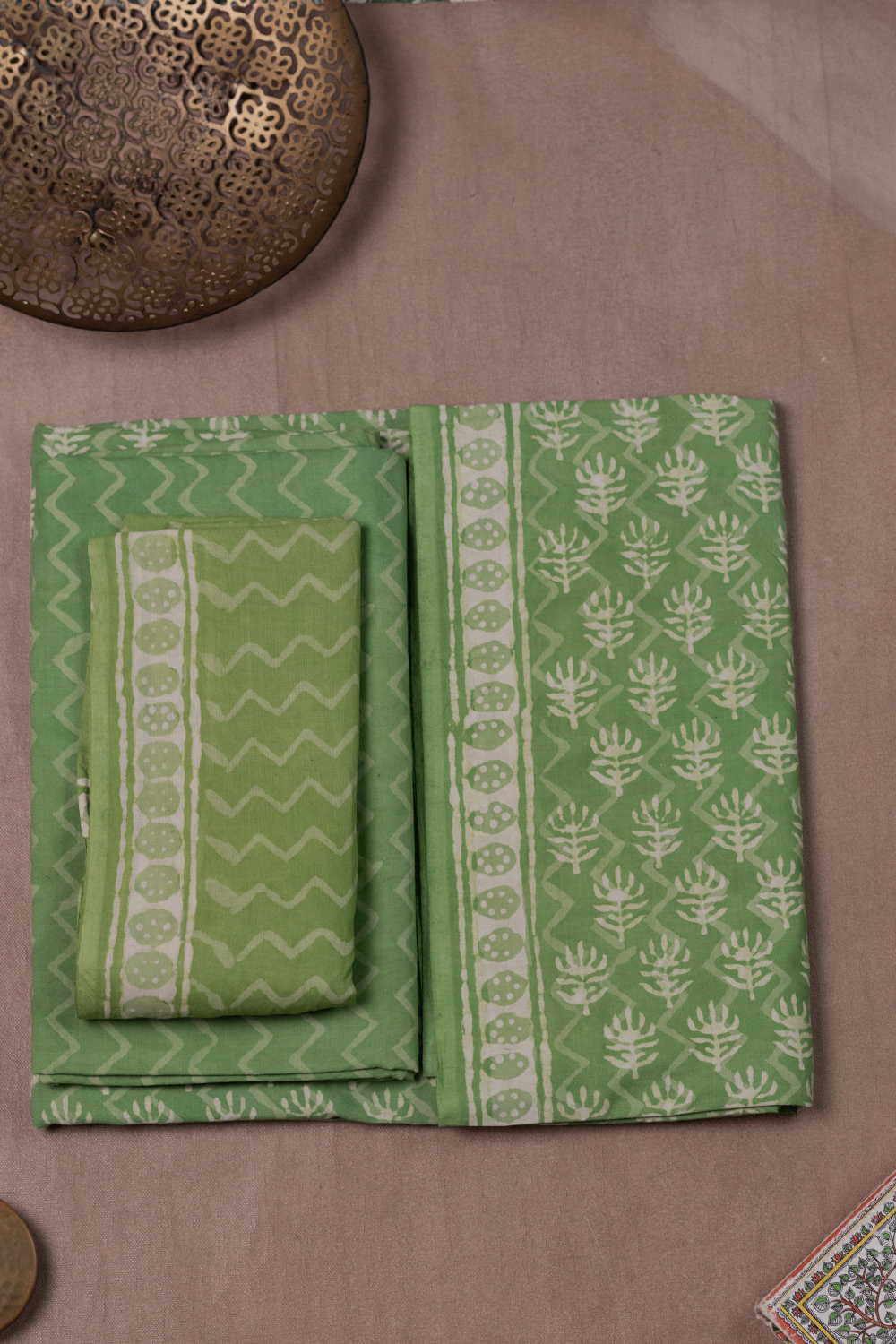 Green with Motifs Block Printed Cotton Suit - Image 2