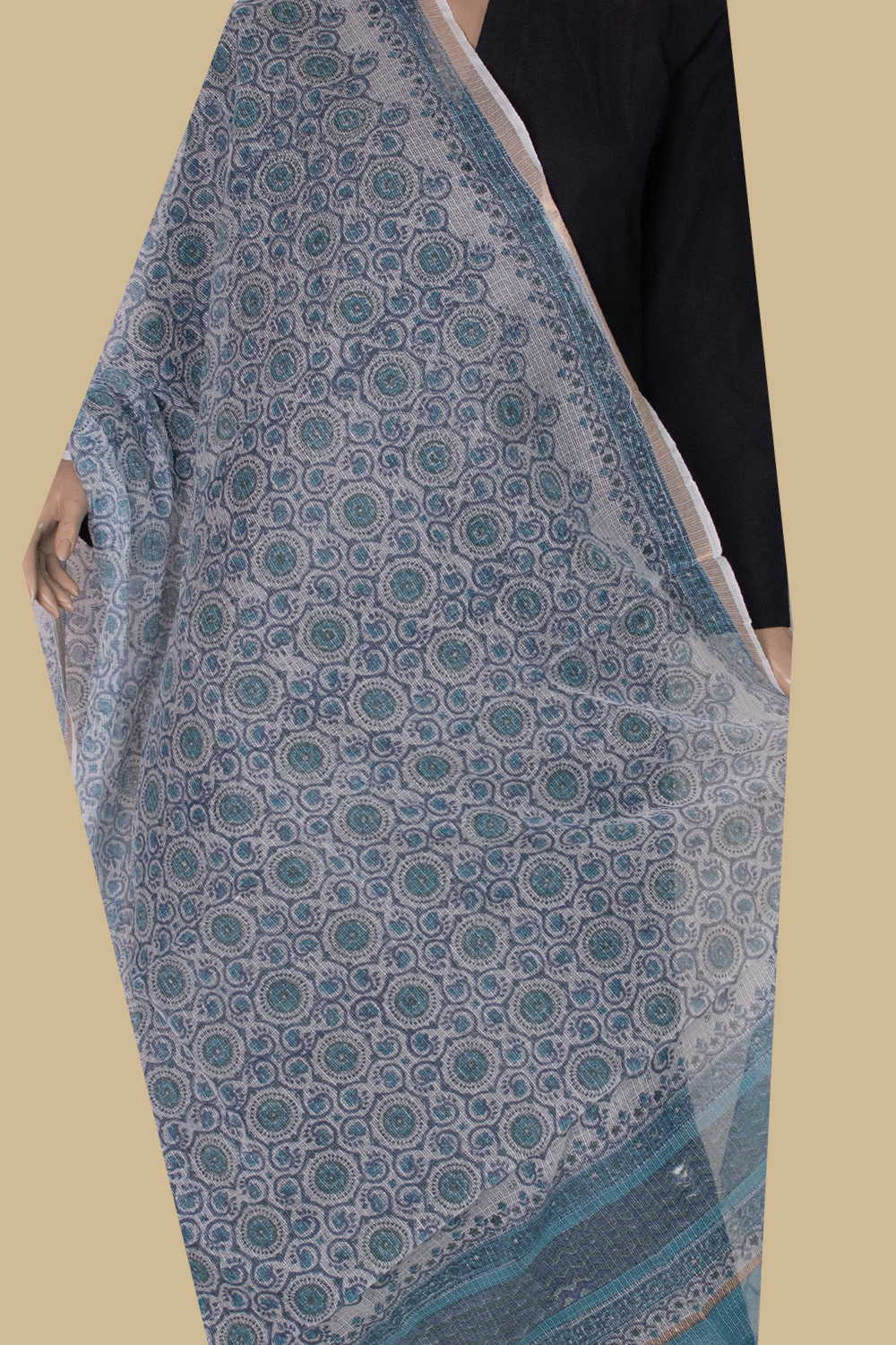 Creamy Blue - Block Printed Kota Cotton Dupatta Creamy Blue - Image 2