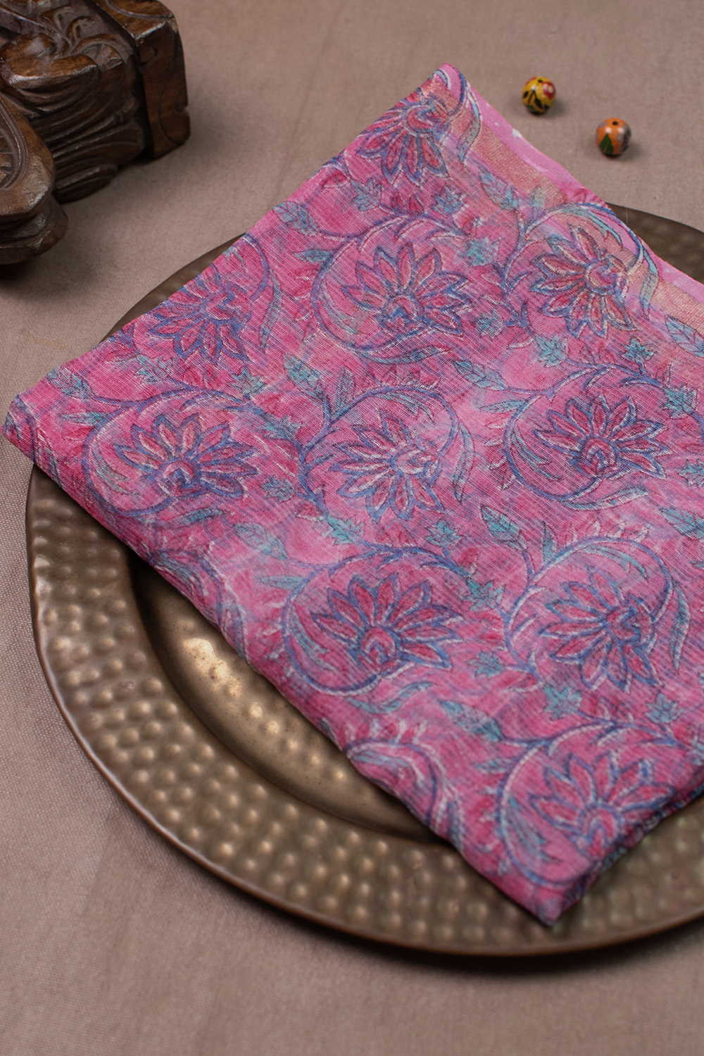 Floral Veins - Pink Block Printed Kota Cotton Dupatta