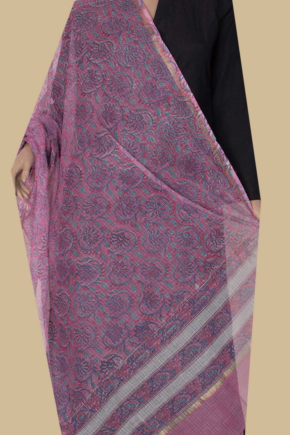 Floral Veins - Pink Block Printed Kota Cotton Dupatta - Image 2