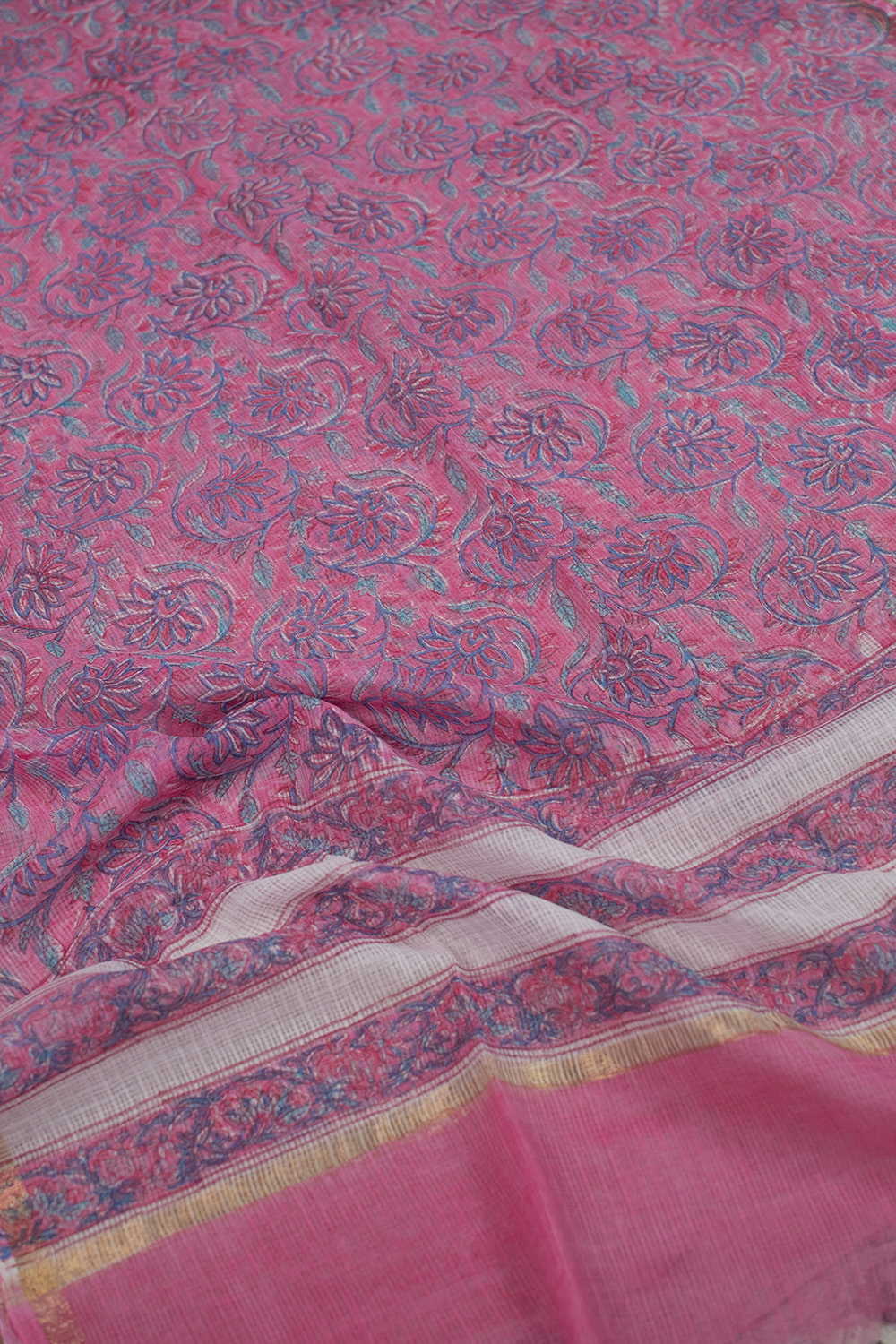 Floral Veins - Pink Block Printed Kota Cotton Dupatta - Image 3