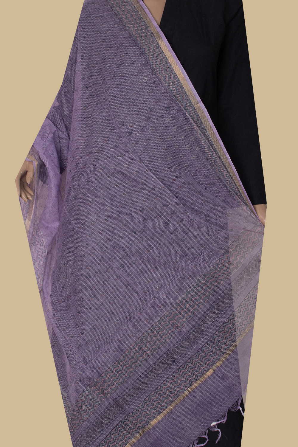 Lavender Purple Block Printed Kota Cotton Dupatta - Image 3