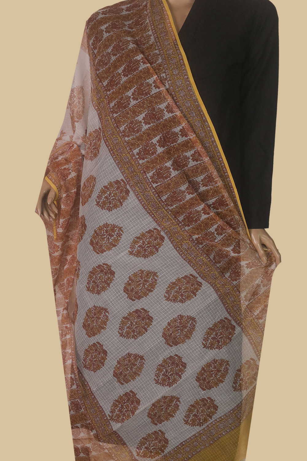 Dual Design - Cream Block Printed Kota Cotton Dupatta - Image 2