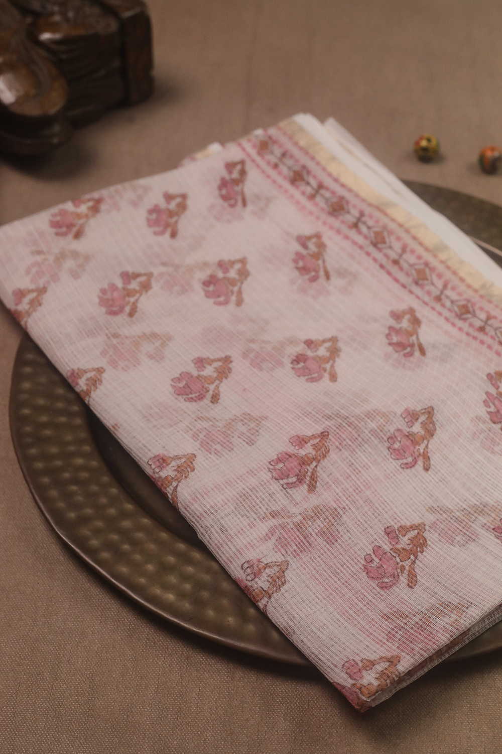 Flower Buttas - Cream Block Printed Kota Cotton Dupatta