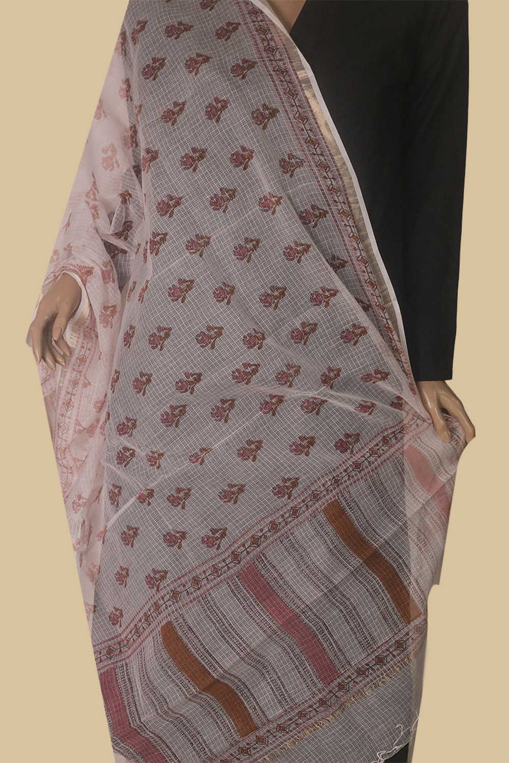Flower Buttas - Cream Block Printed Kota Cotton Dupatta - Image 2