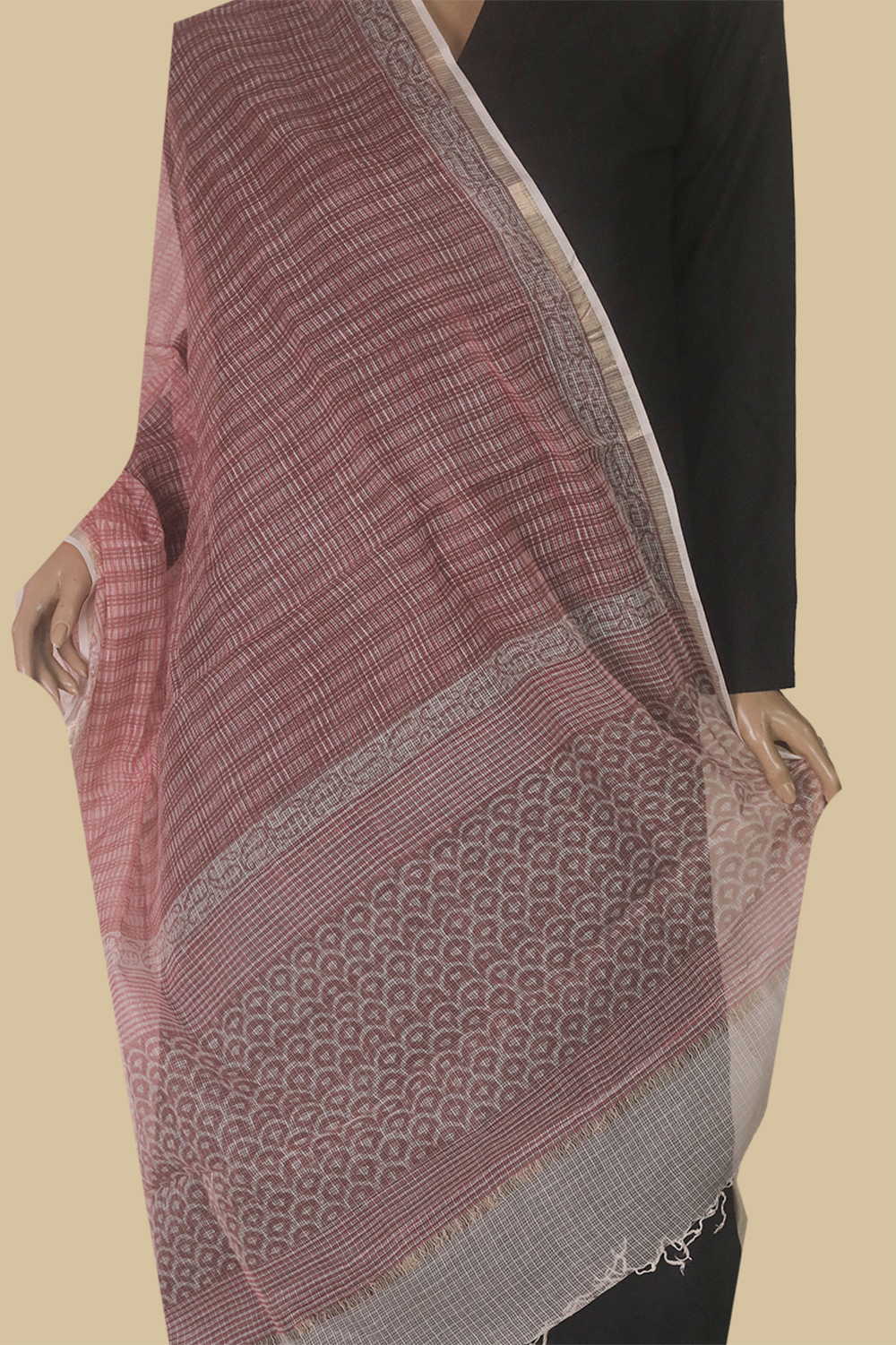 Semi Grid - Pink Block Printed Kota Cotton Dupatta - Image 2