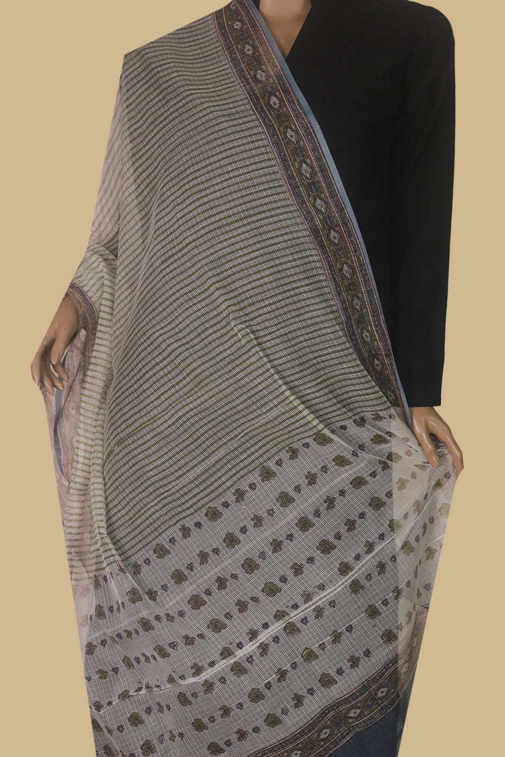 Green Lines Block Printed Kota Cotton Dupatta - Image 2