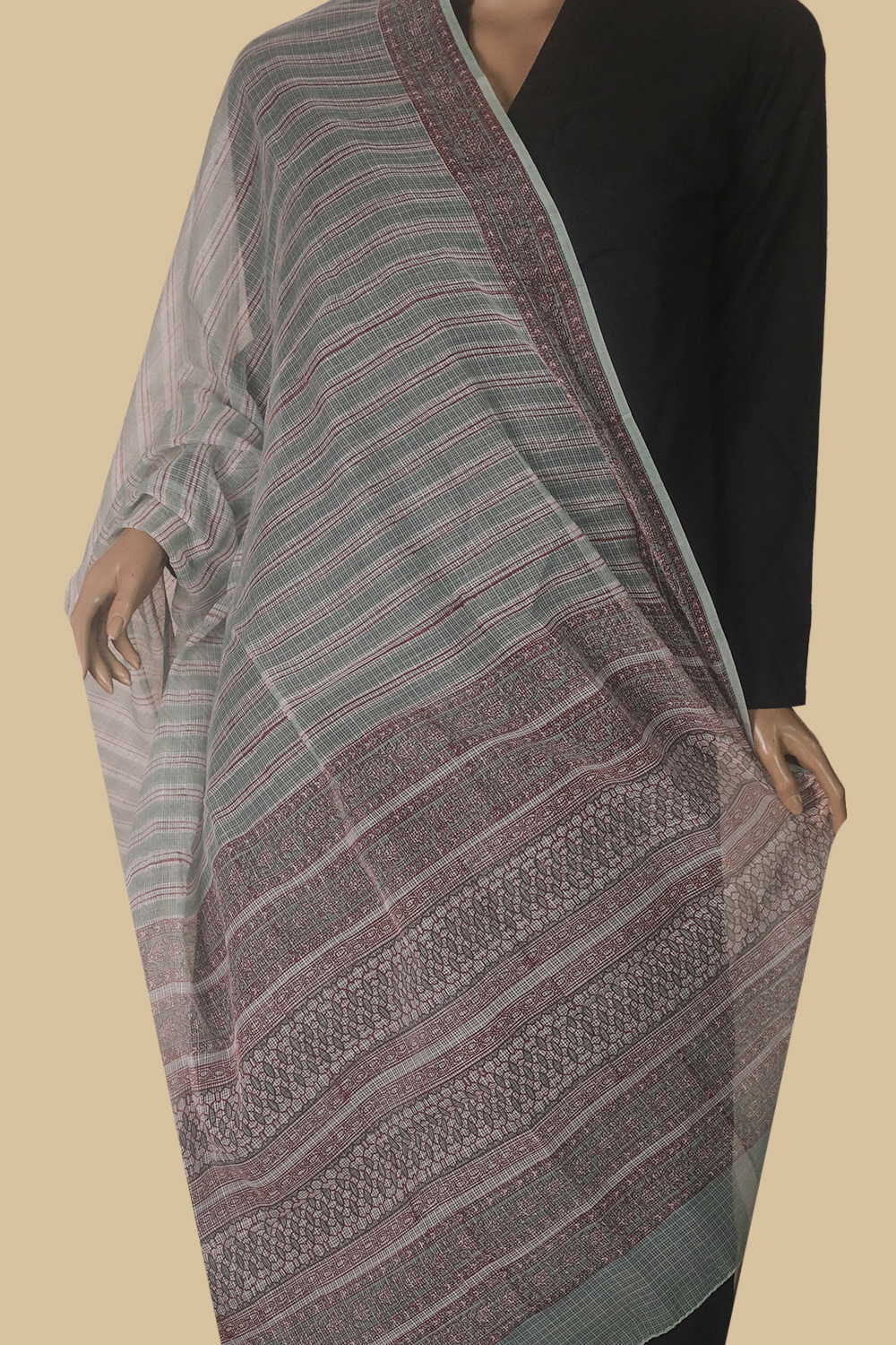 Dual Lines - Cream Block Printed Kota Cotton Dupatta - Image 2