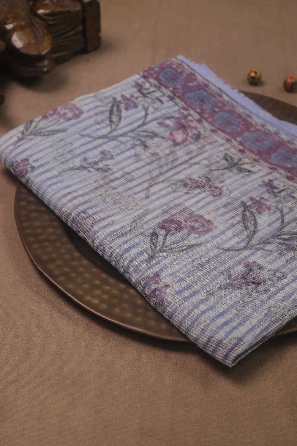 Garden filaments - Cream Block Printed Kota Cotton Dupatta