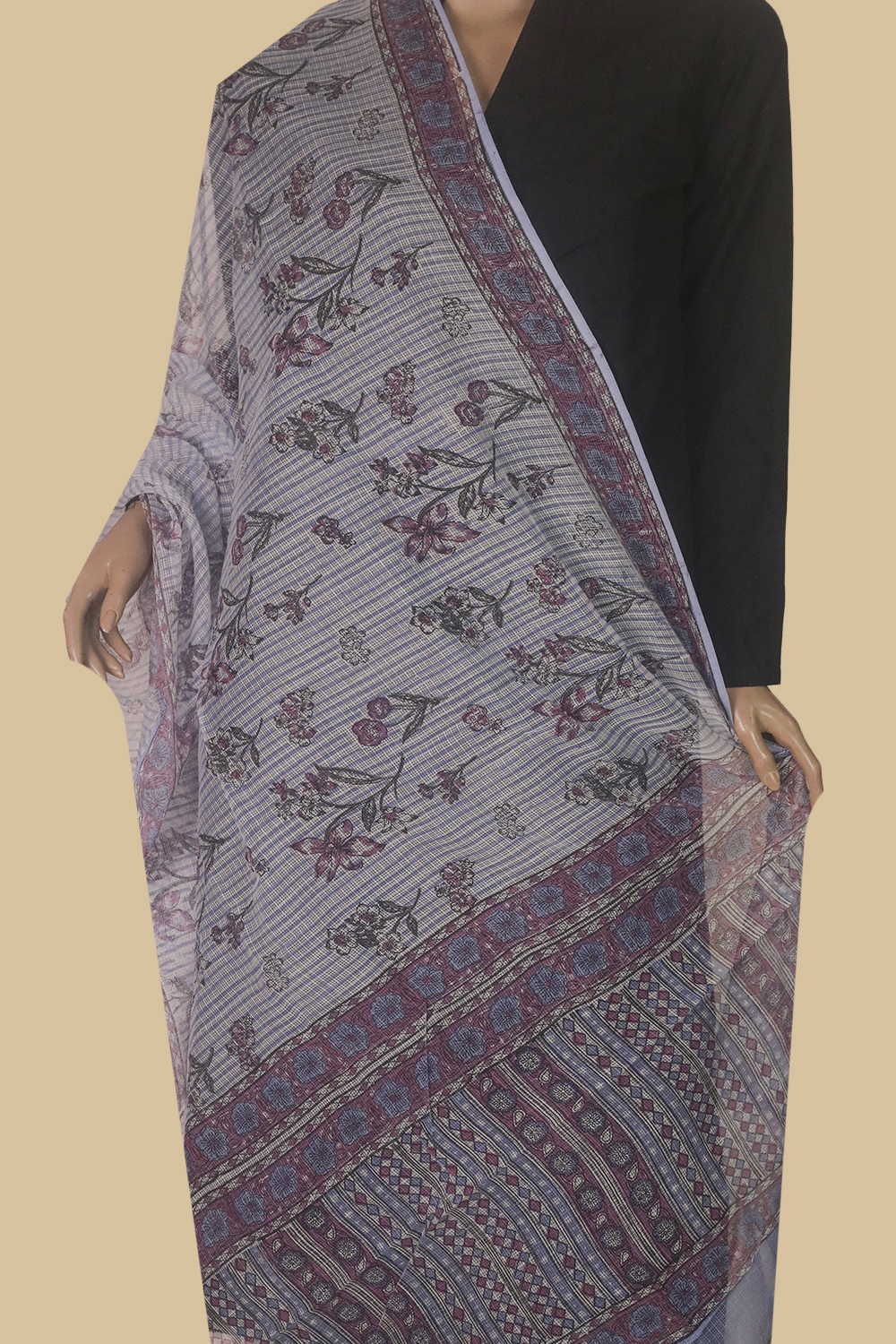 Garden filaments - Cream Block Printed Kota Cotton Dupatta - Image 2