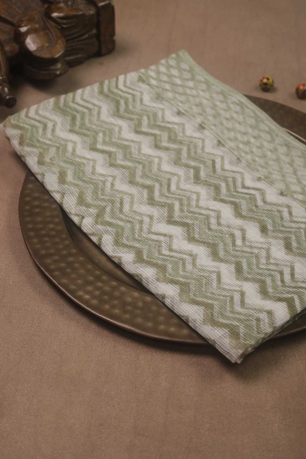 Green Chevron on Cream Block Printed Kota Cotton Dupatta