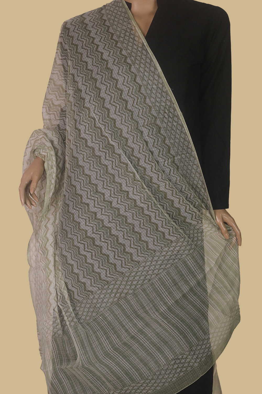 Green Chevron on Cream Block Printed Kota Cotton Dupatta - Image 2