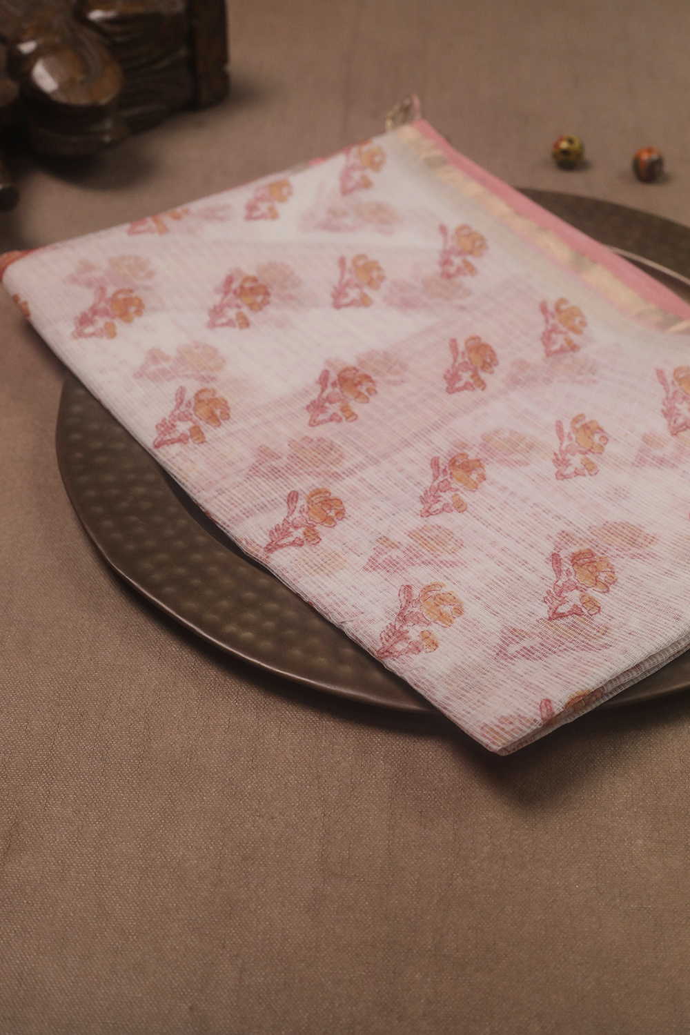Floral Motifs - Cream Block Printed Kota Cotton Dupatta
