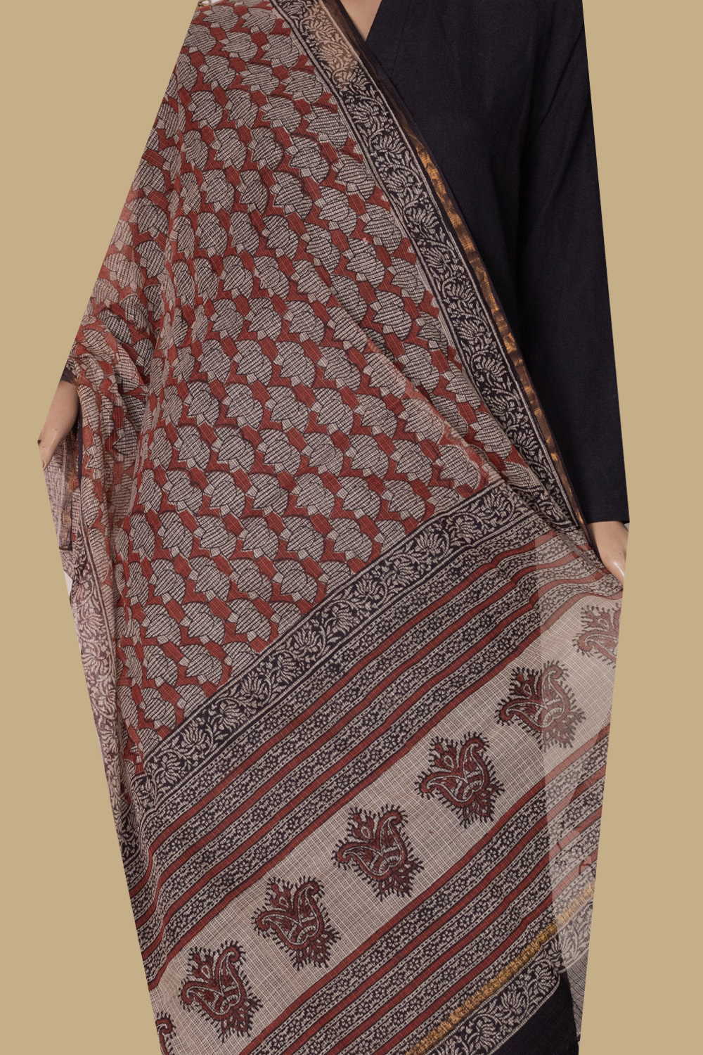 Lotus Butta - Maroon Block Printed Kota Cotton Dupatta