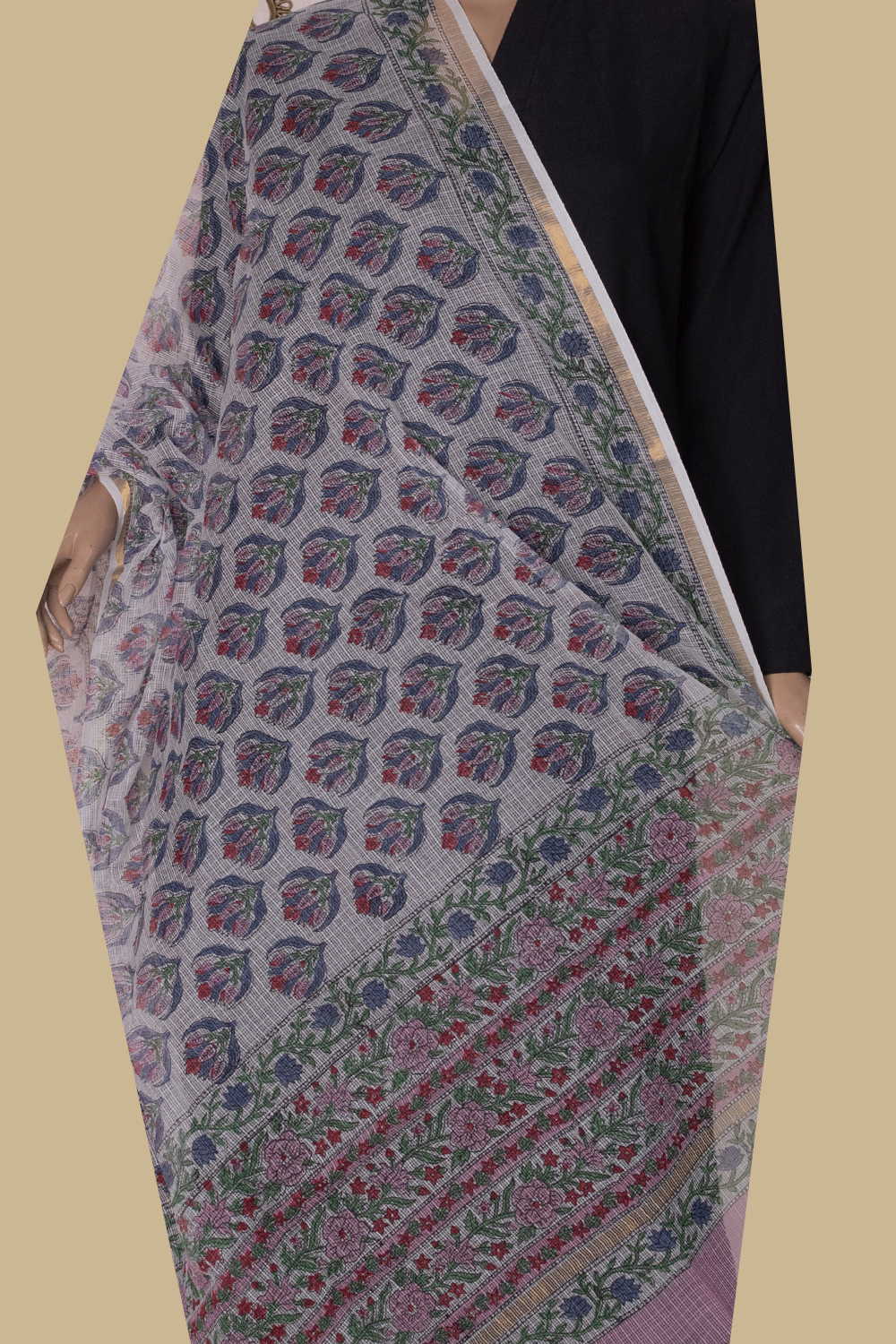 Daisy Cream Block Printed Kota Cotton Dupatta