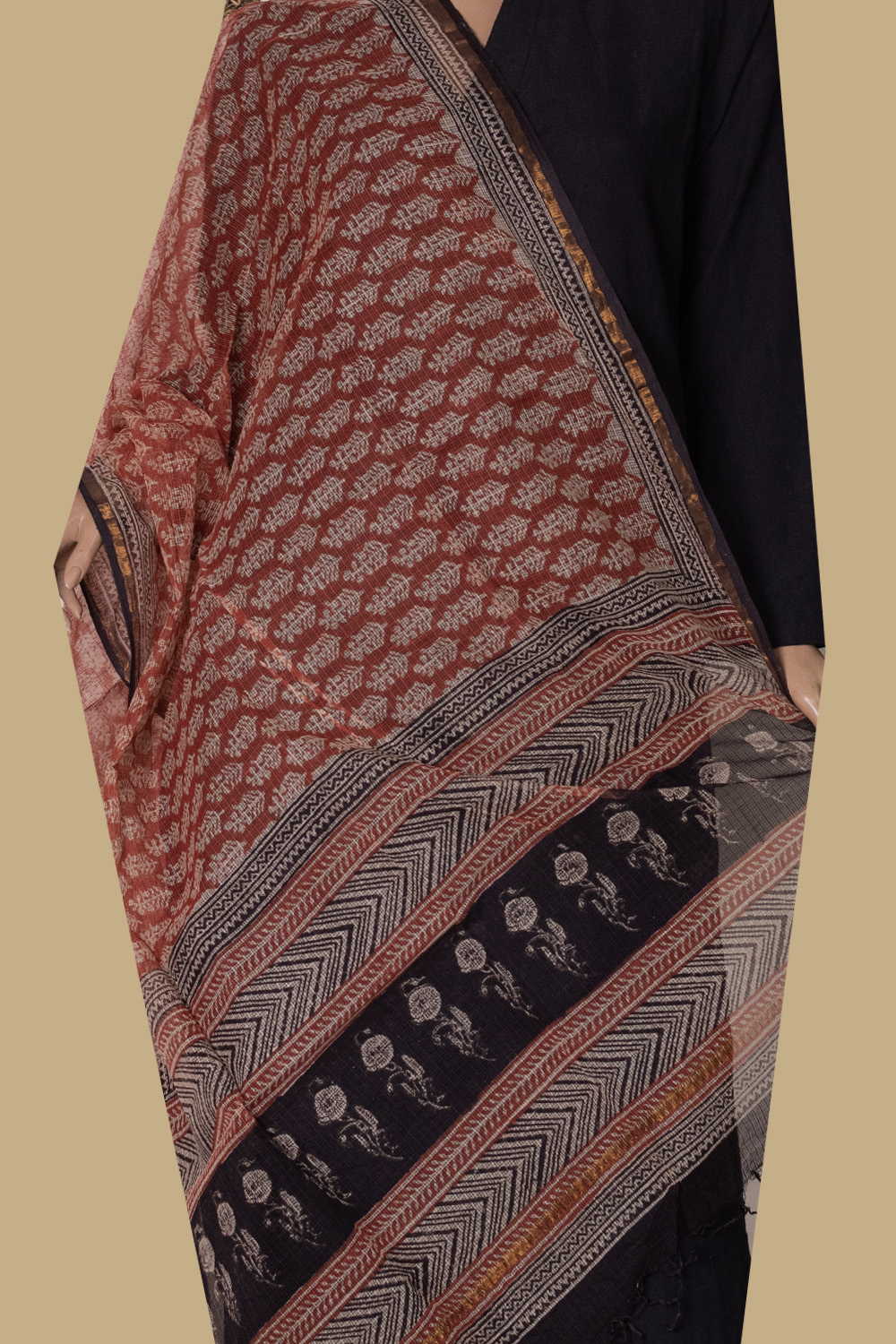 Scarlet Maroon Block Printed Kota Cotton Dupatta
