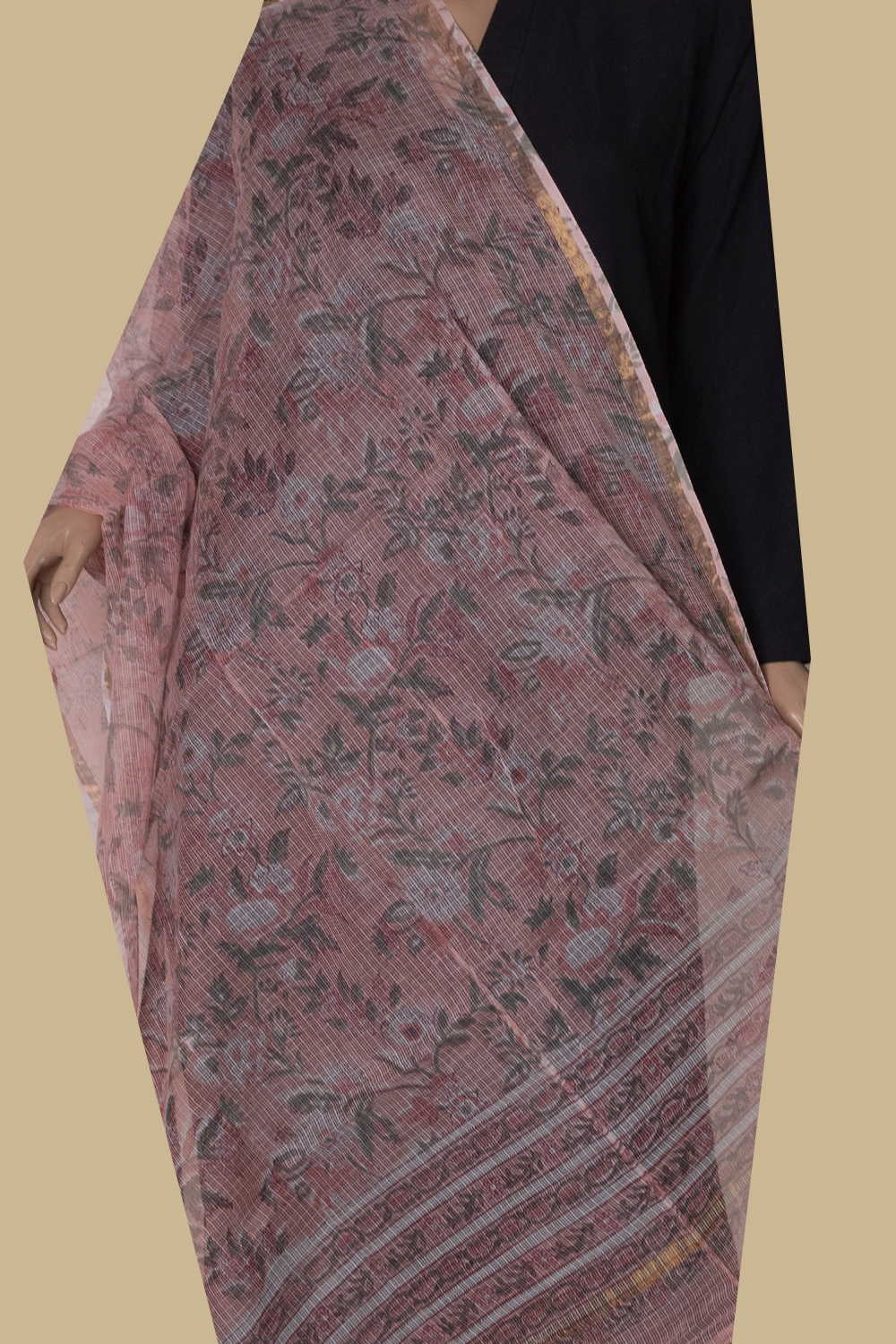 Floral - Peach Block Printed Kota Cotton Dupatta - Image 2