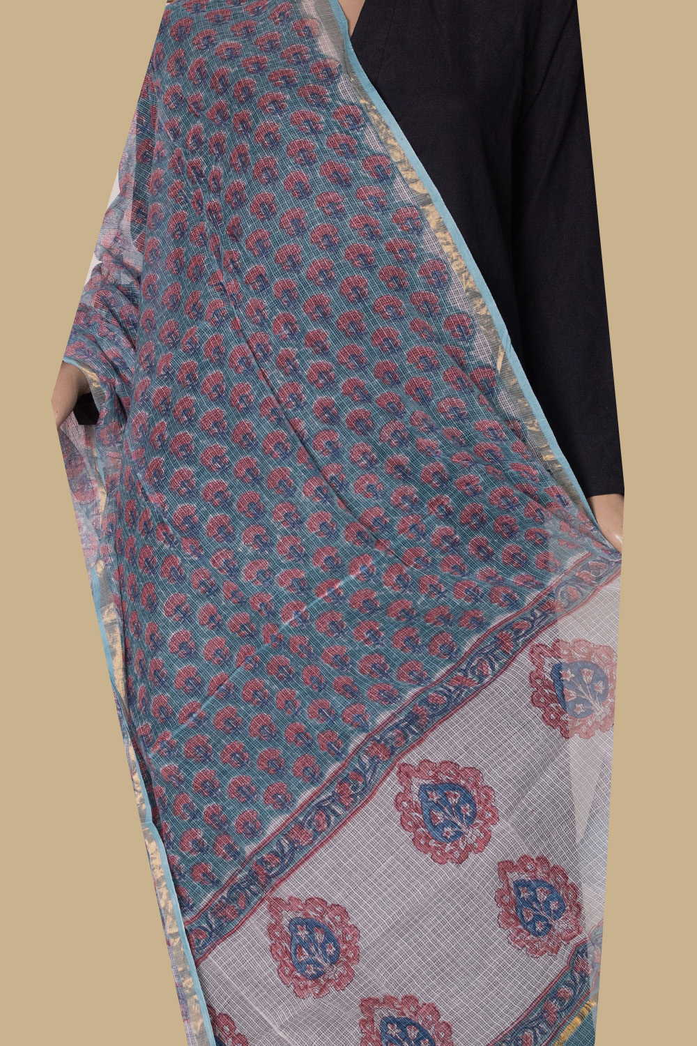 Pink Florets Block Printed Kota Cotton Dupatta