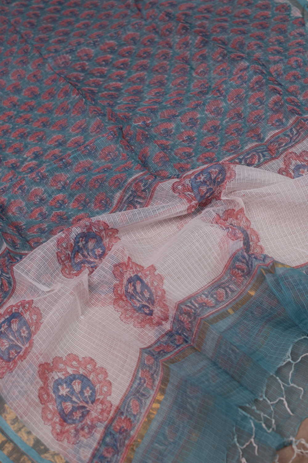 Pink Florets Block Printed Kota Cotton Dupatta - Image 2