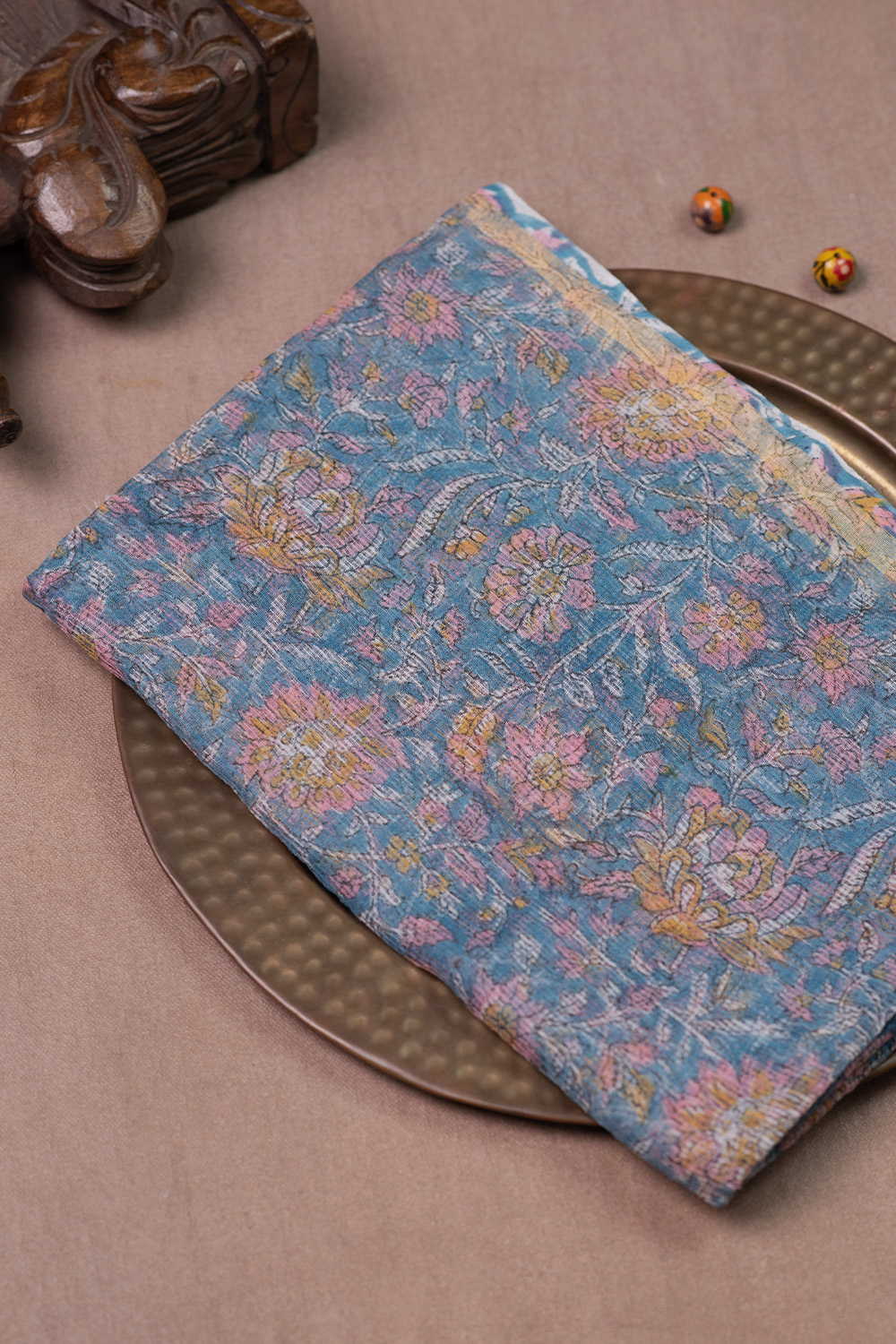 Blue with Leaf Floral Block Printed Kota Cotton Dupatta