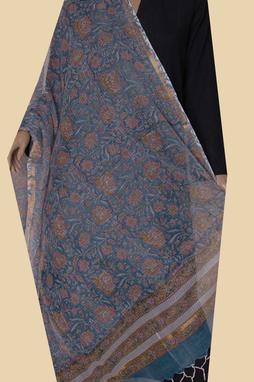 Blue with Leaf Floral Block Printed Kota Cotton Dupatta - Image 2