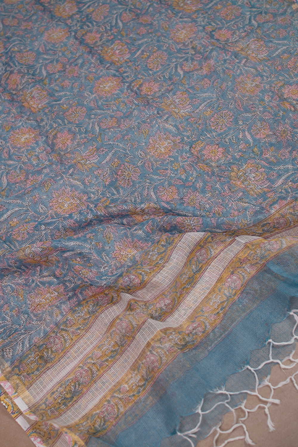Blue with Leaf Floral Block Printed Kota Cotton Dupatta - Image 3