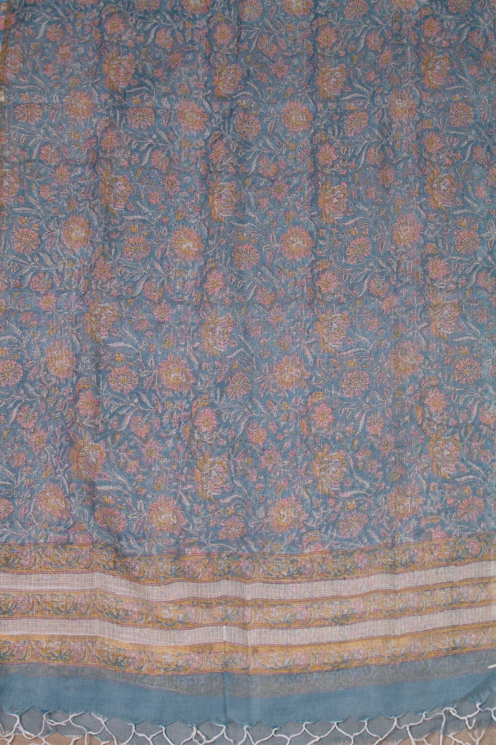 Blue with Leaf Floral Block Printed Kota Cotton Dupatta - Image 4