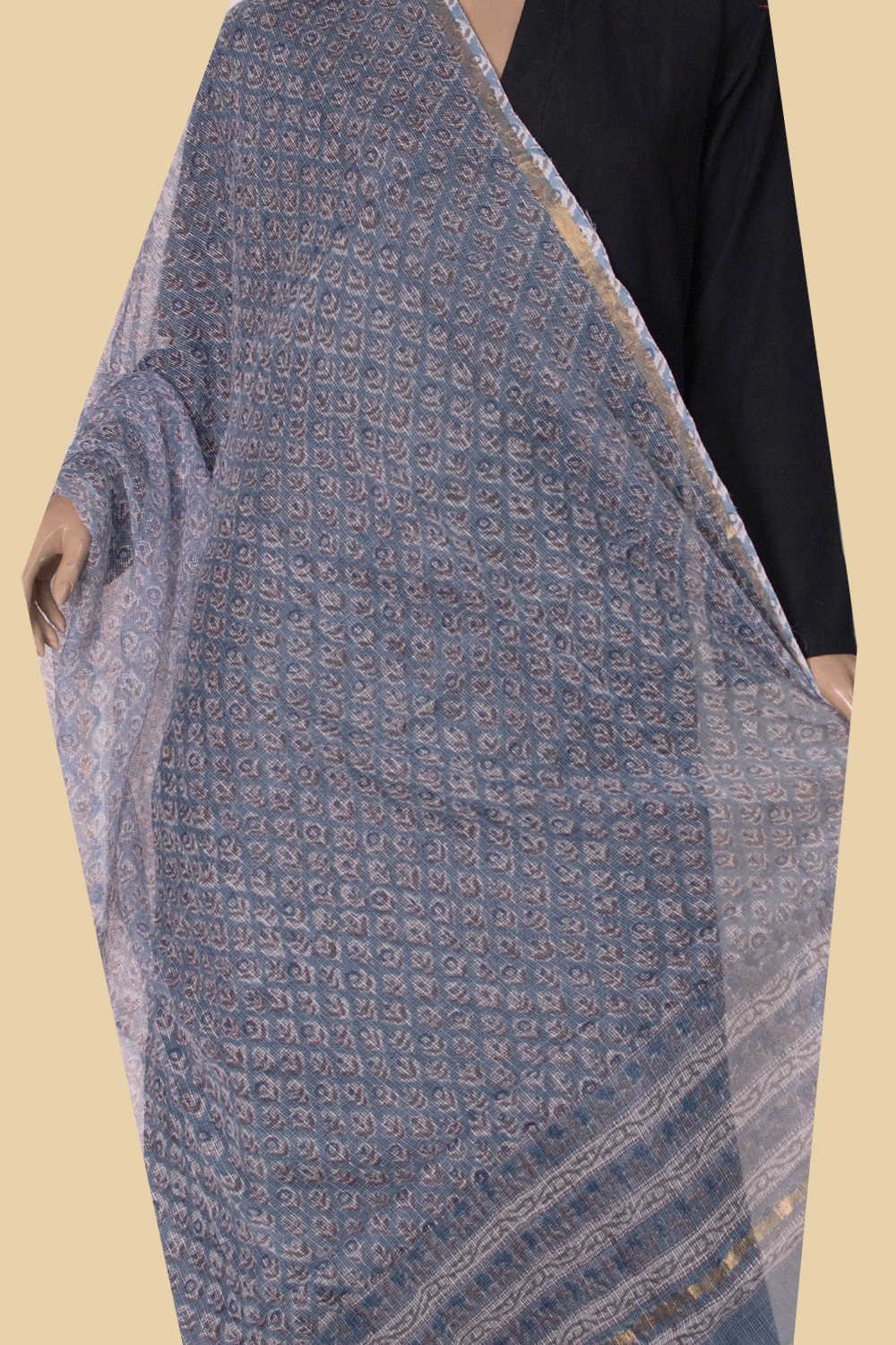 Florets on Light Blue Block Printed Kota Cotton Dupatta - Image 2