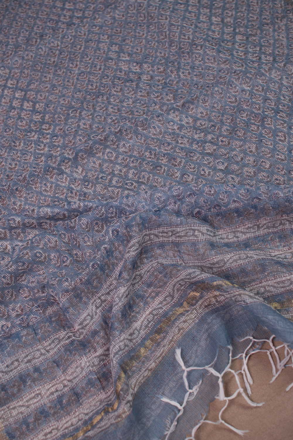 Florets on Light Blue Block Printed Kota Cotton Dupatta - Image 3