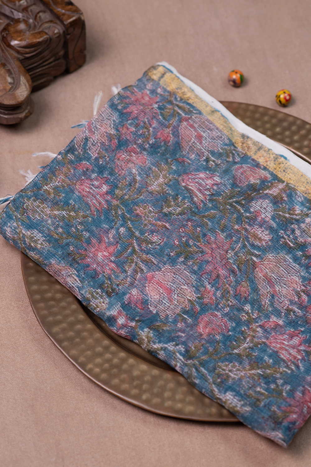 Blue Block Printed Kota Cotton Dupatta