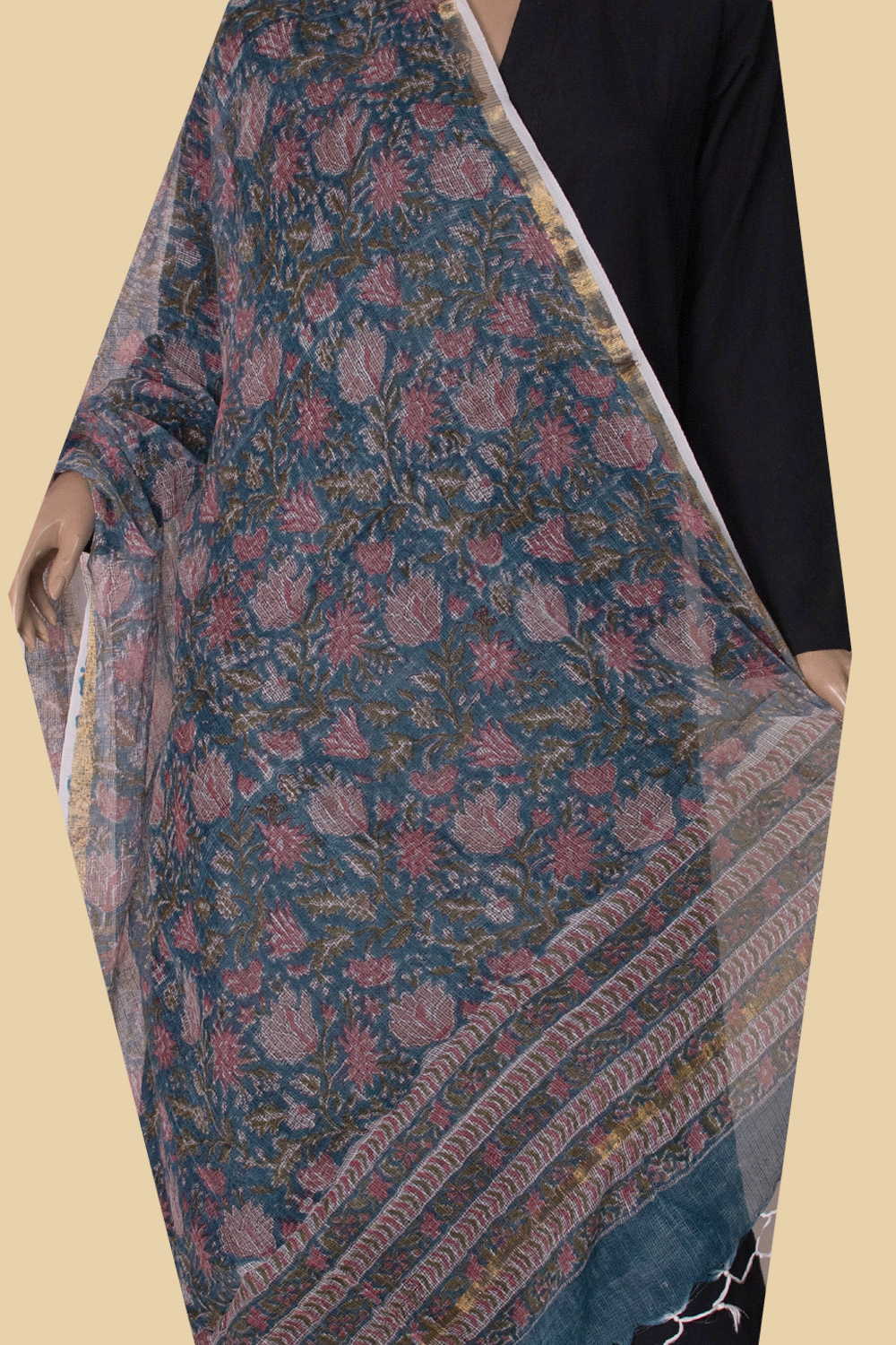 Blue Block Printed Kota Cotton Dupatta - Image 2