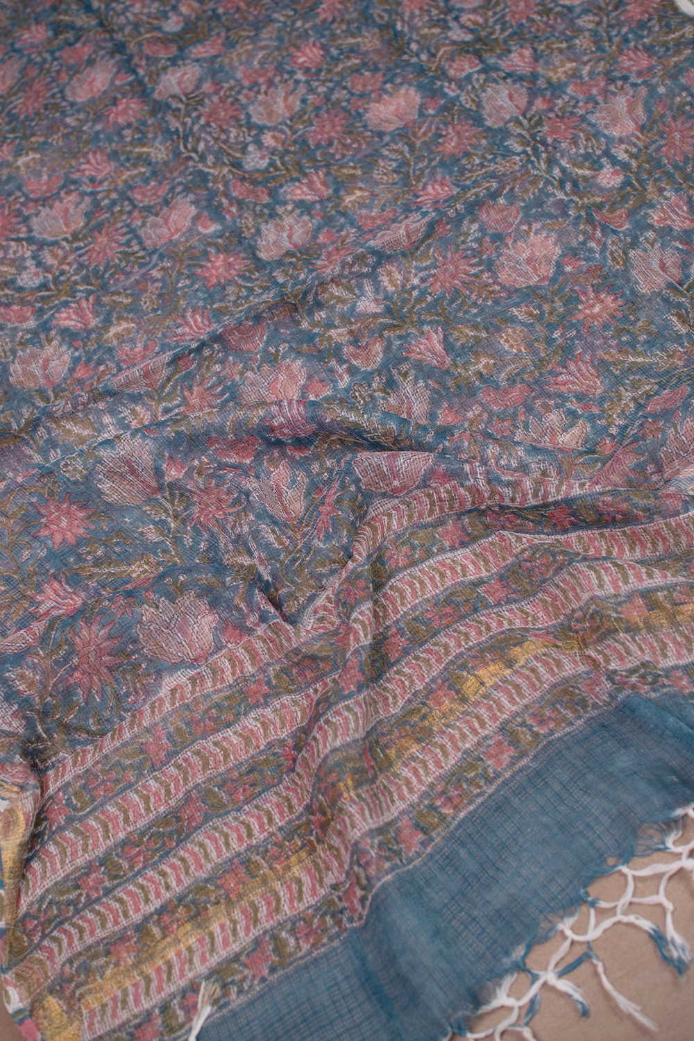 Blue Block Printed Kota Cotton Dupatta - Image 3