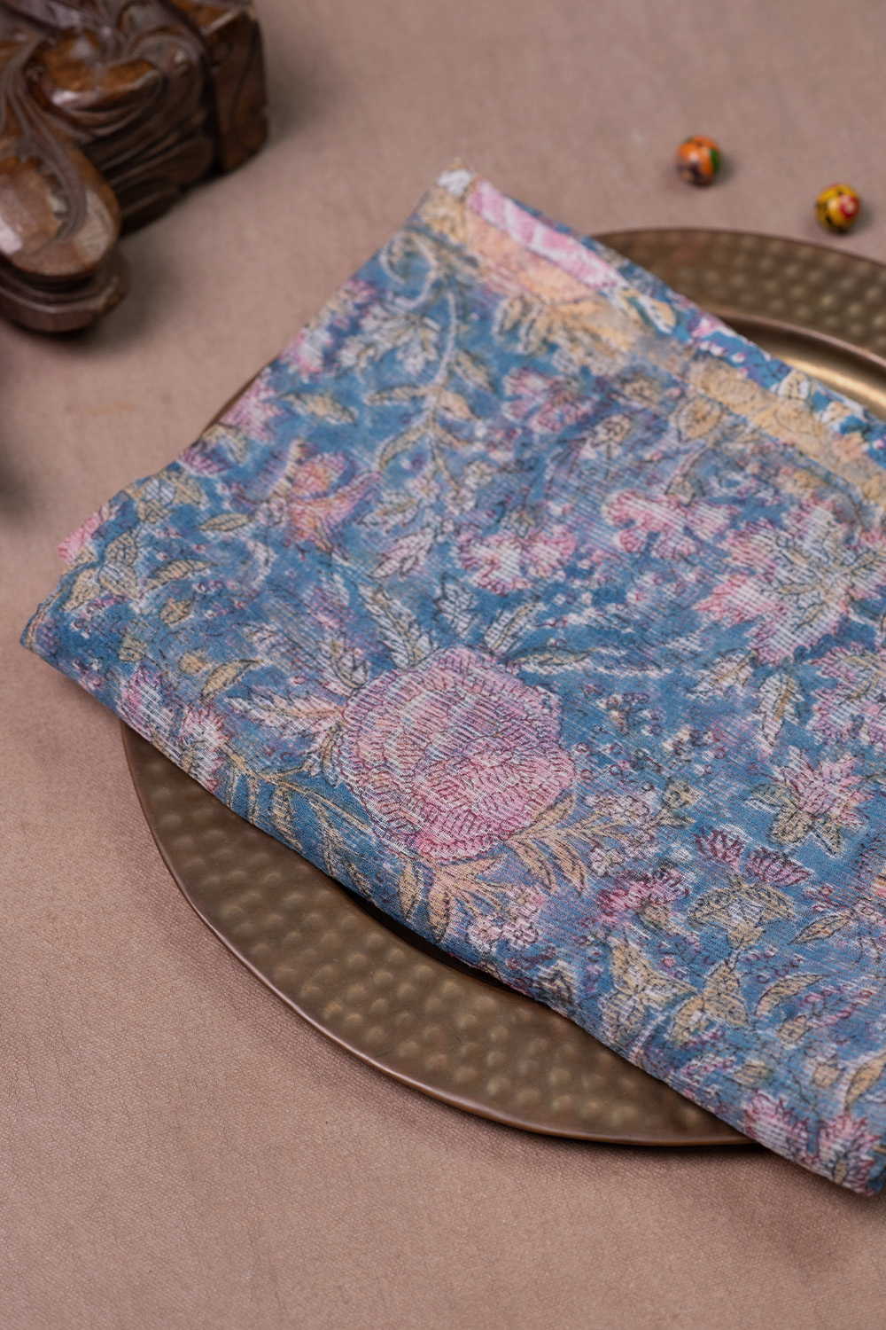 Pink Floral - Blue Block Printed Kota Cotton Dupatta
