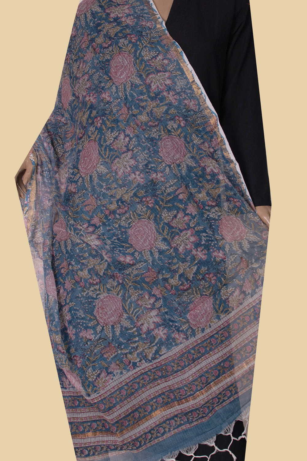 Pink Floral - Blue Block Printed Kota Cotton Dupatta - Image 2