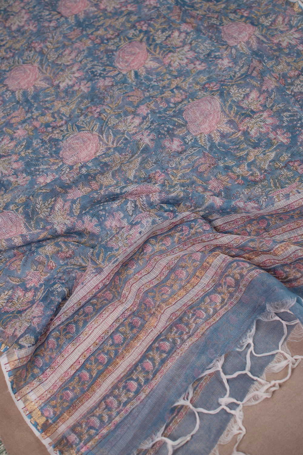 Pink Floral - Blue Block Printed Kota Cotton Dupatta - Image 3
