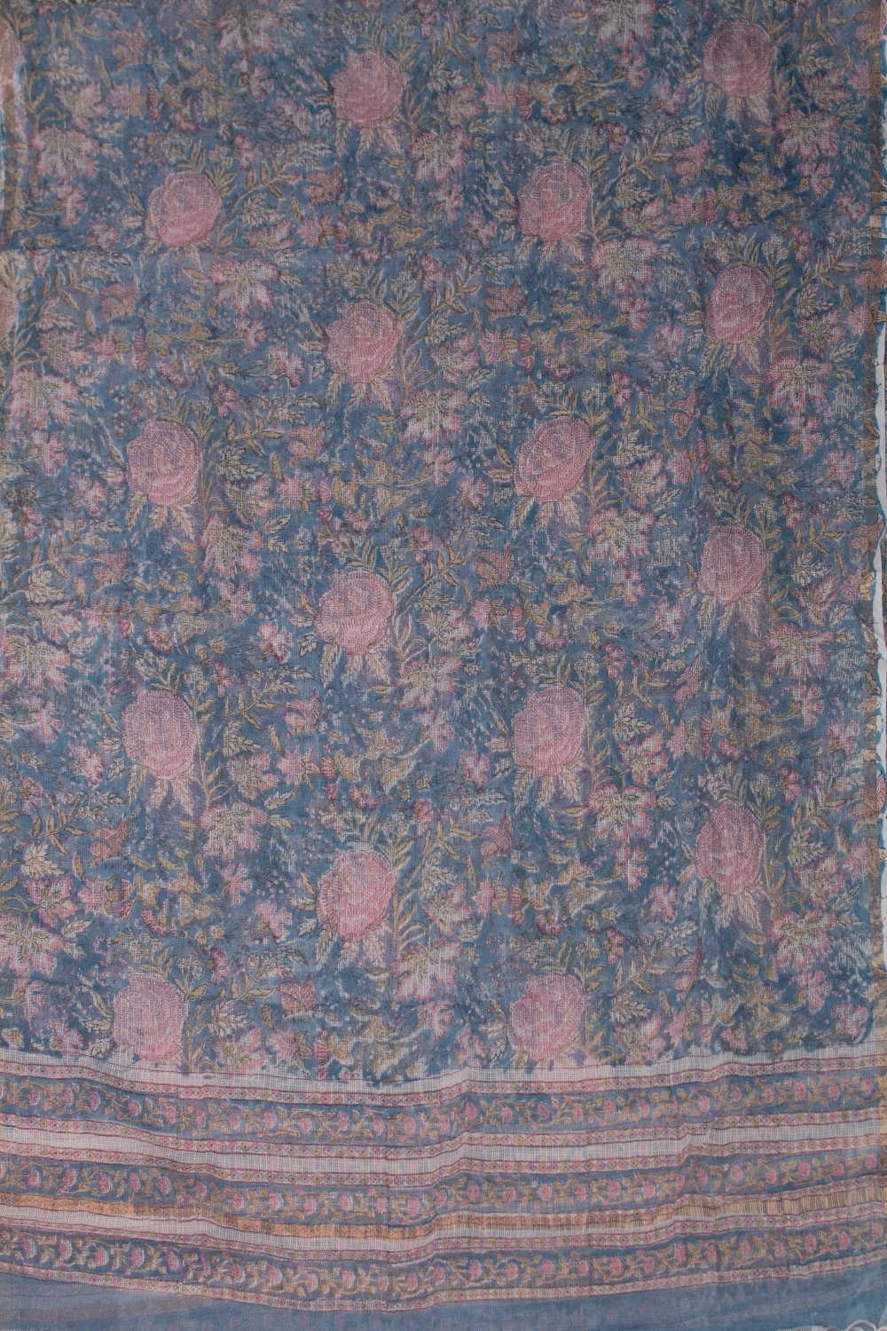 Pink Floral - Blue Block Printed Kota Cotton Dupatta - Image 4