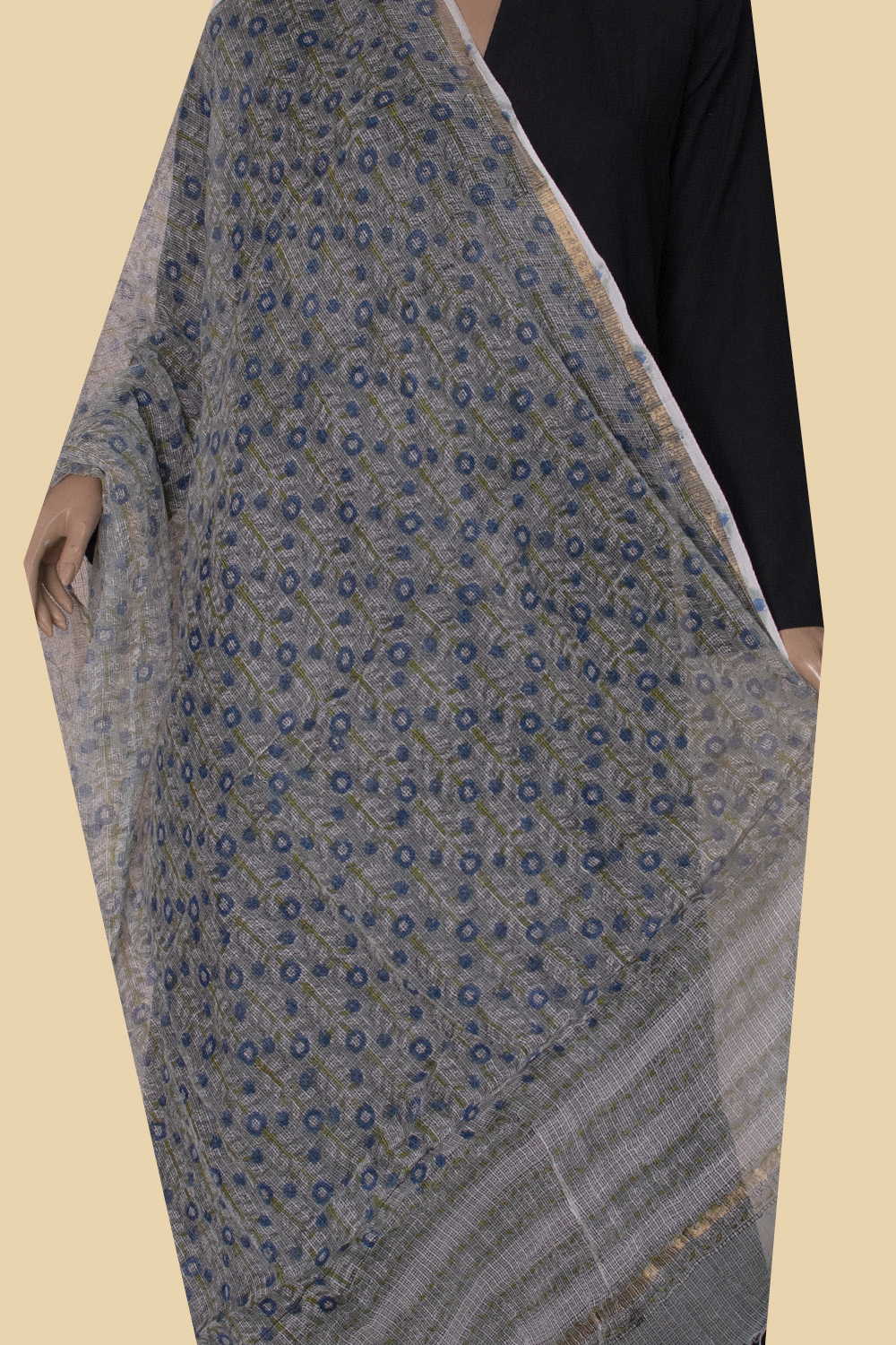 Floral Pattern Block Printed Kota Cotton Dupatta - Image 2