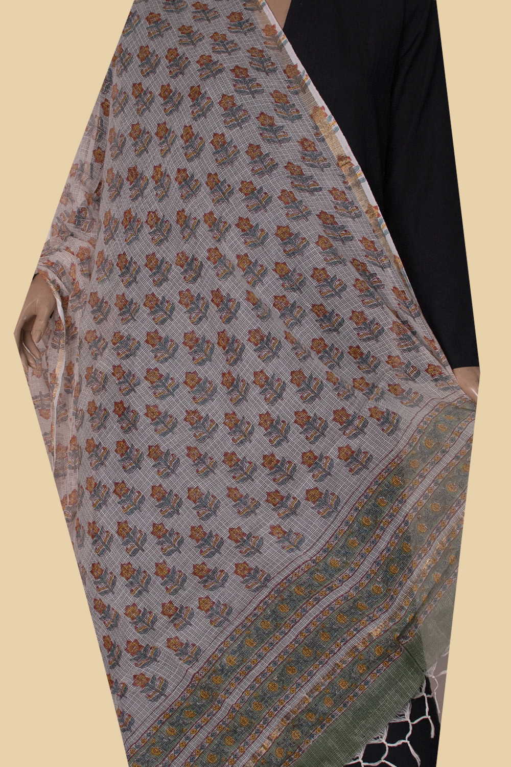 Cream - Floral Butta Block Printed Kota Cotton Dupatta - Image 3