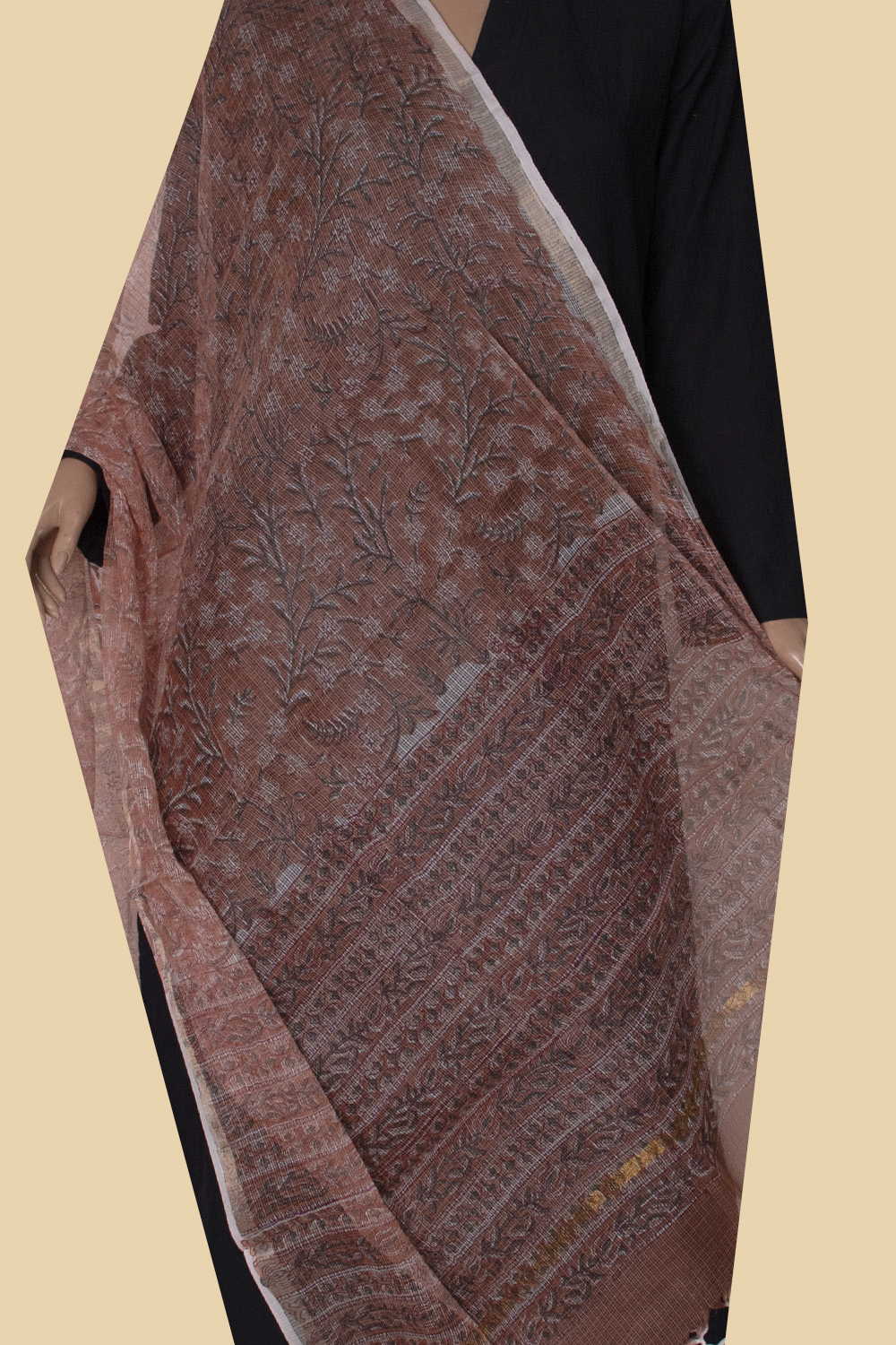 Beige Block Printed Kota Cotton Dupatta - Image 3