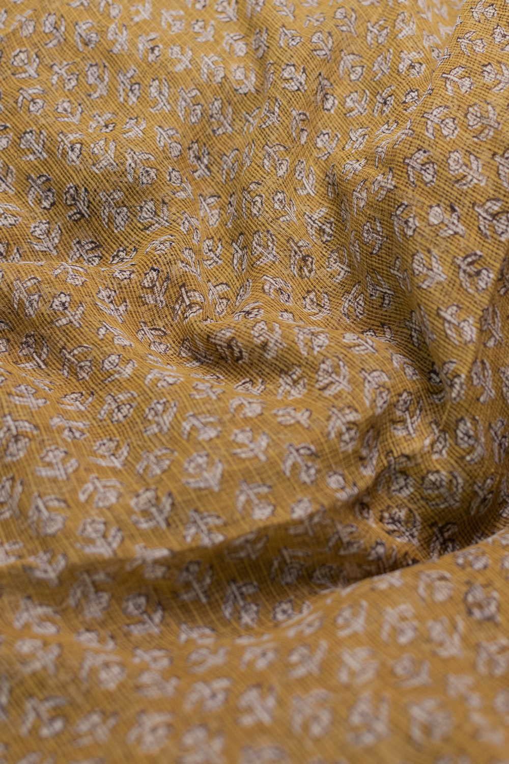 Yellow with Motifs Block Printed Kota Cotton Fabric - Image 3