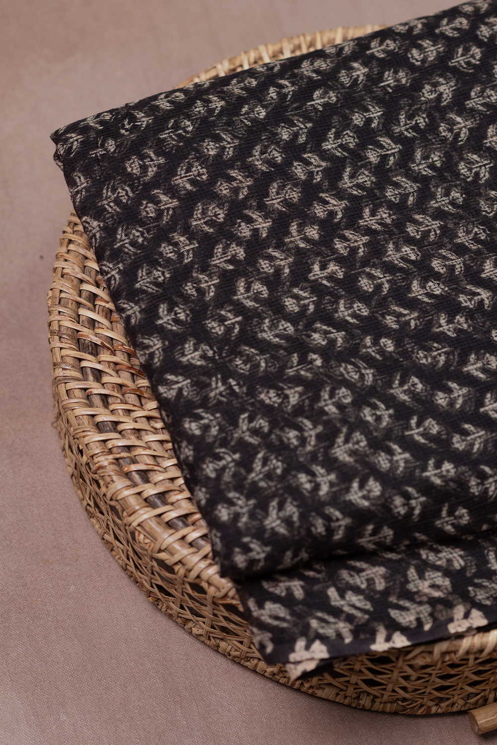 Motifs on Black Block Printed Kota Cotton Fabric - Image 2