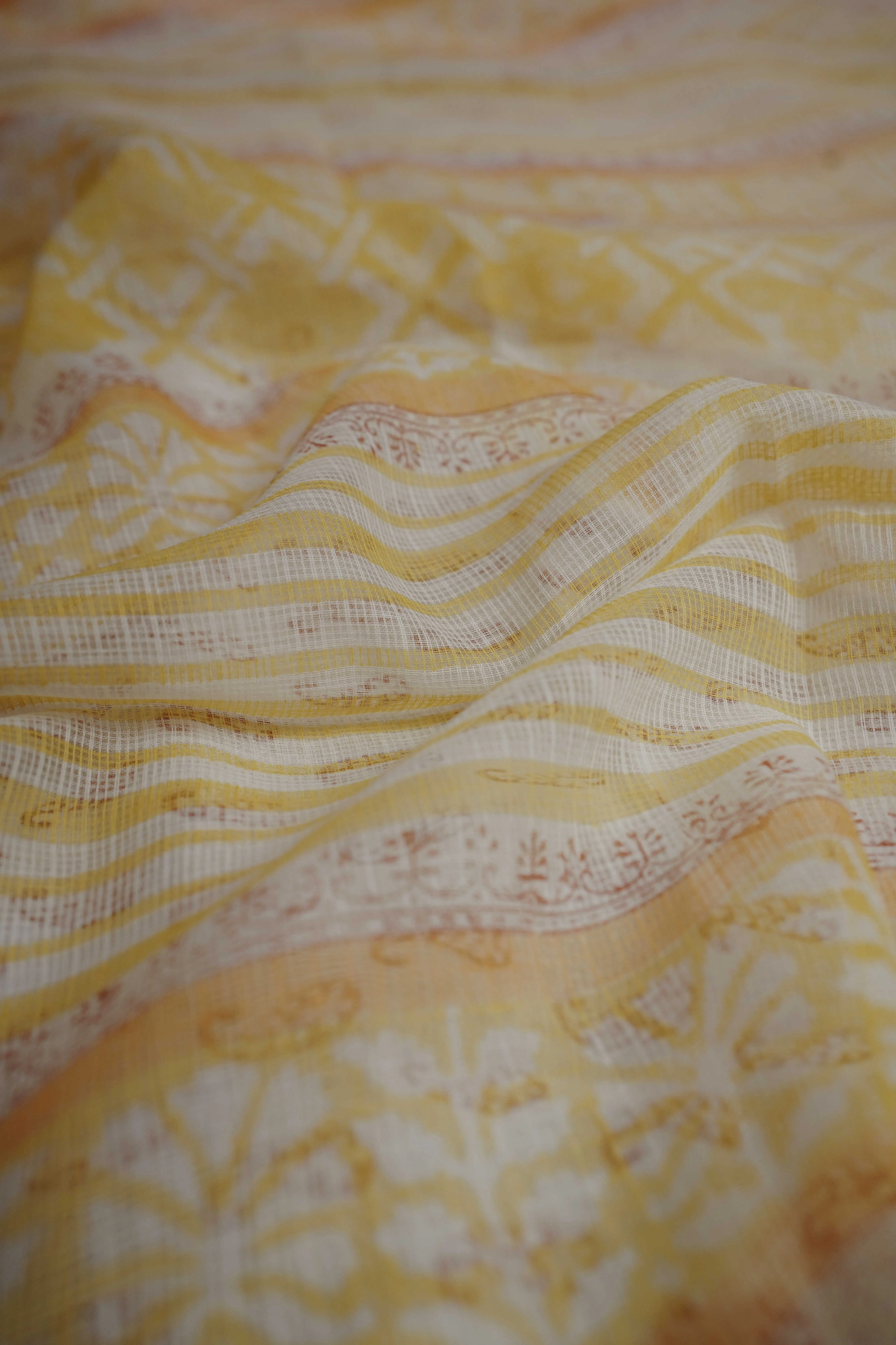 Shades of Yellow Block Printed Kota Cotton saree - Image 3