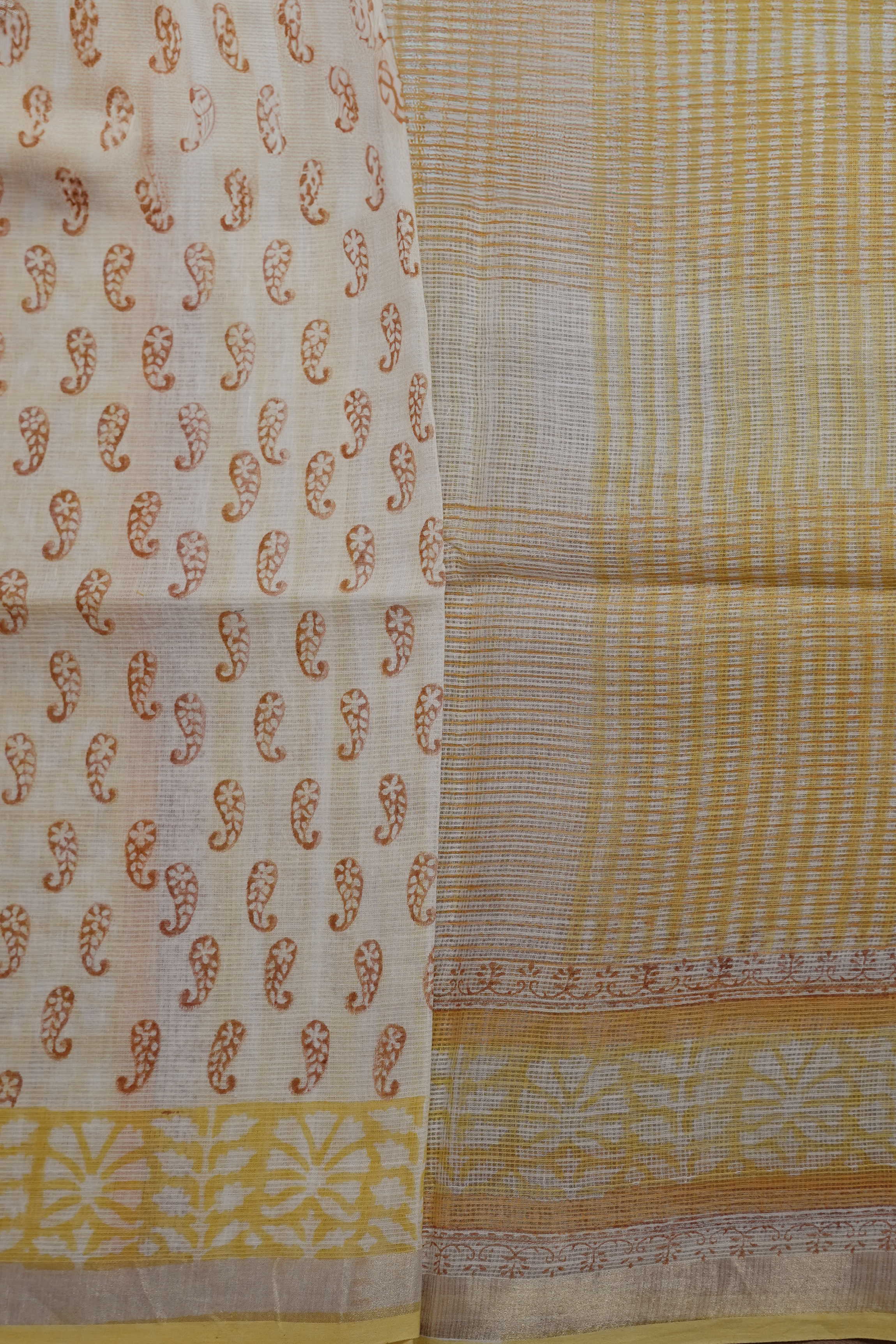 Shades of Yellow Block Printed Kota Cotton saree - Image 4