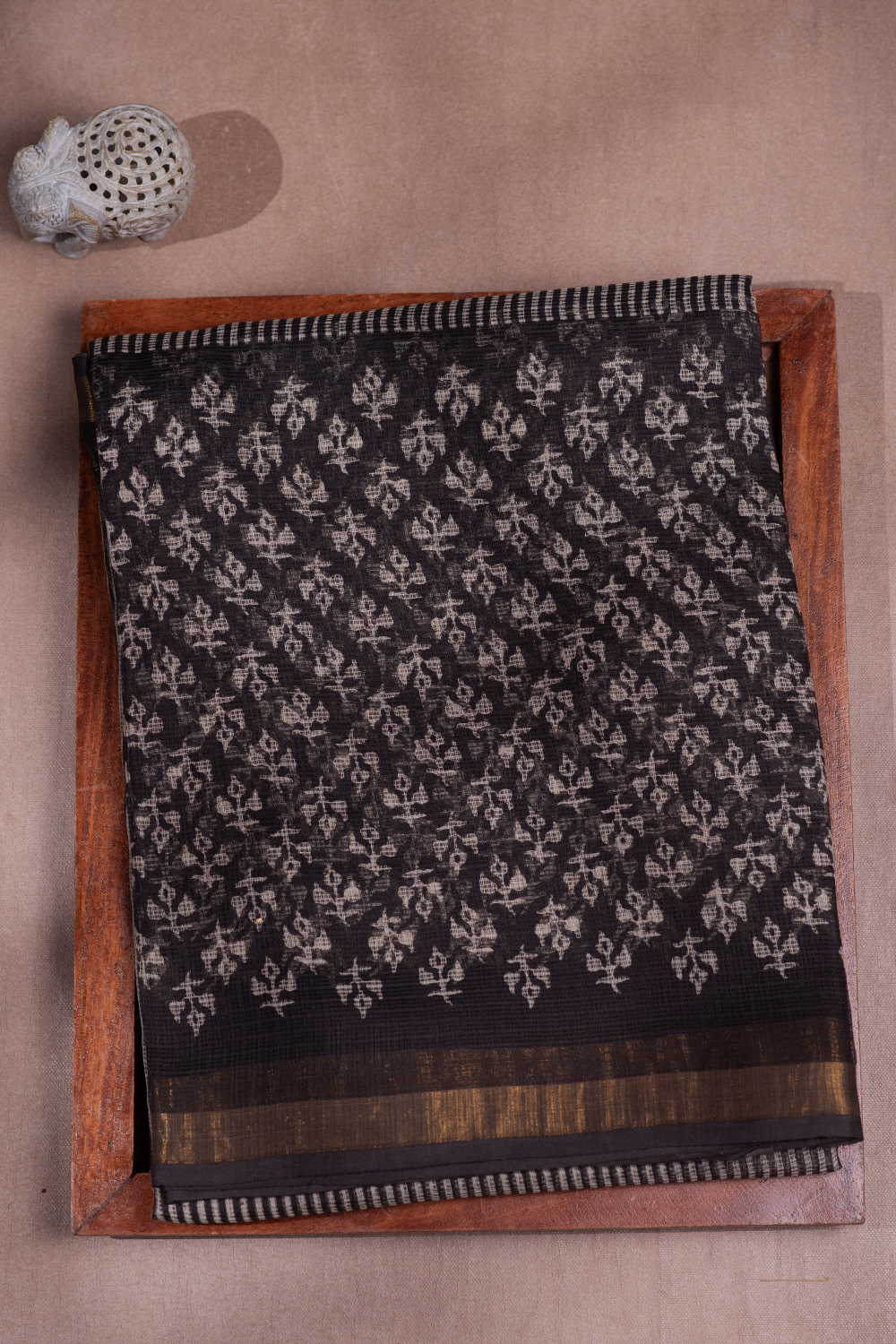 Motifs on Black Block Printed Kota Cotton saree