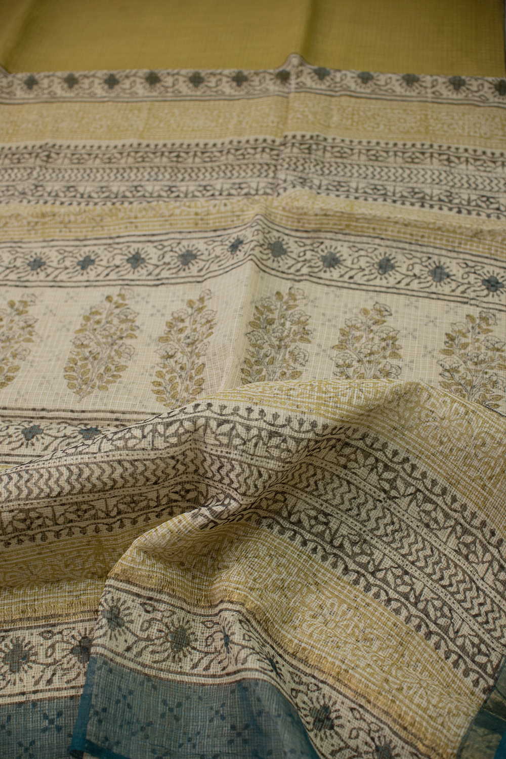 Fenugreek Green Block Printed Kota Cotton saree - Image 3